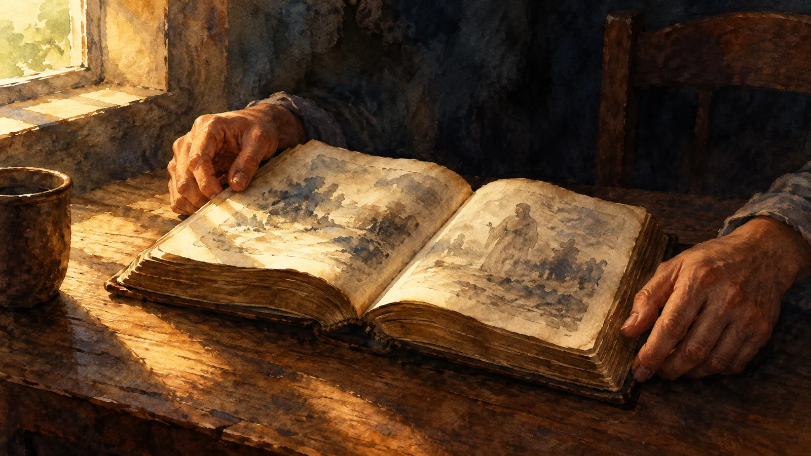 An open book rests beneath a reader’s hands on a wooden table in warm window light.