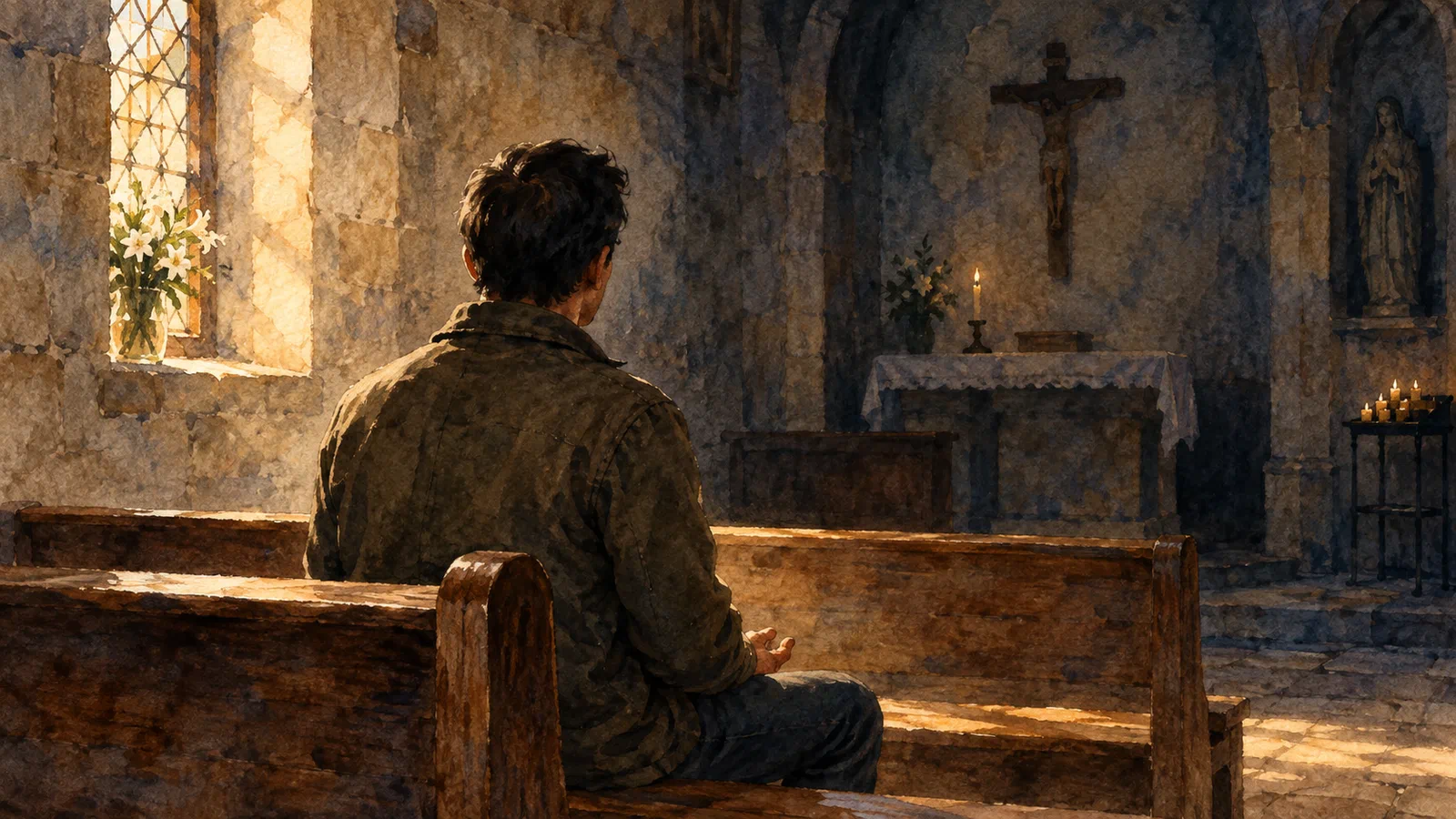 A person sits with an open hand on a wooden chapel bench as warm window light falls across the pews.