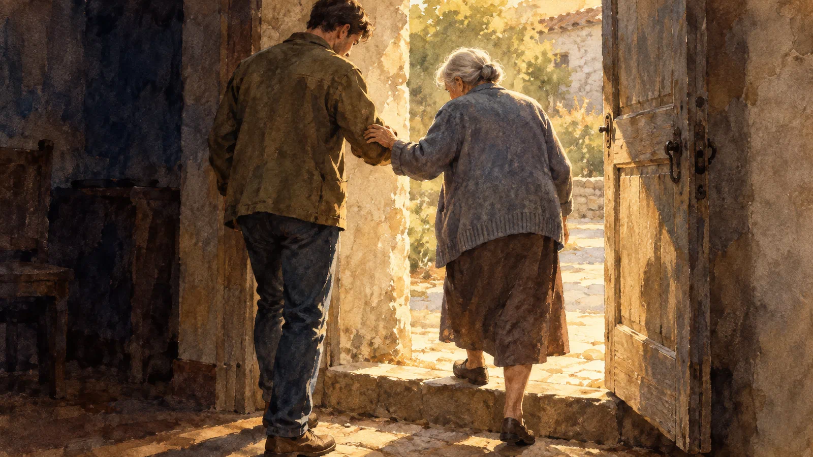 One person offers an arm to an older neighbor as they step through a doorway into warm afternoon light.