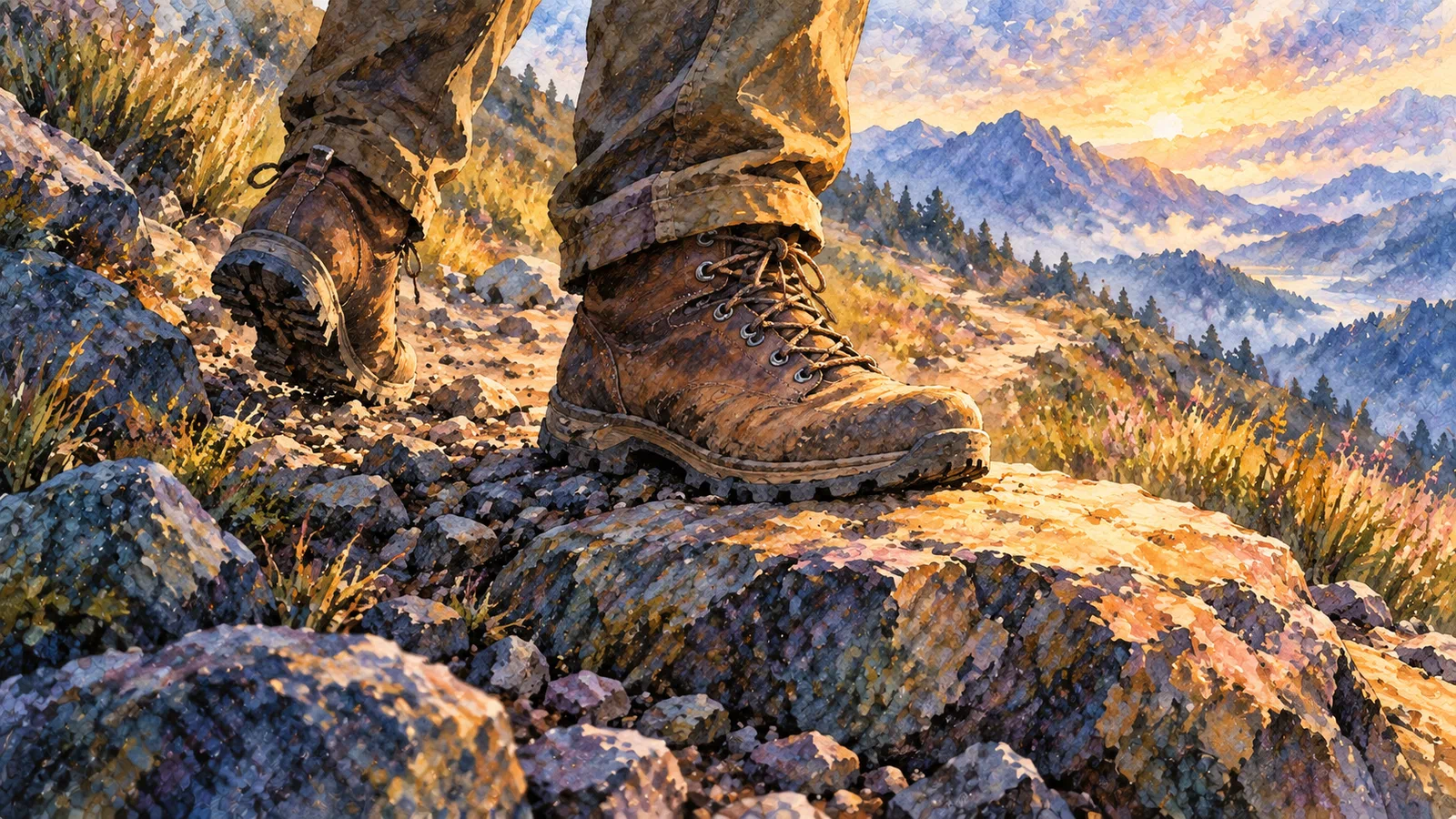 A close view of worn boots finding a firm foothold among loose stones in golden light.