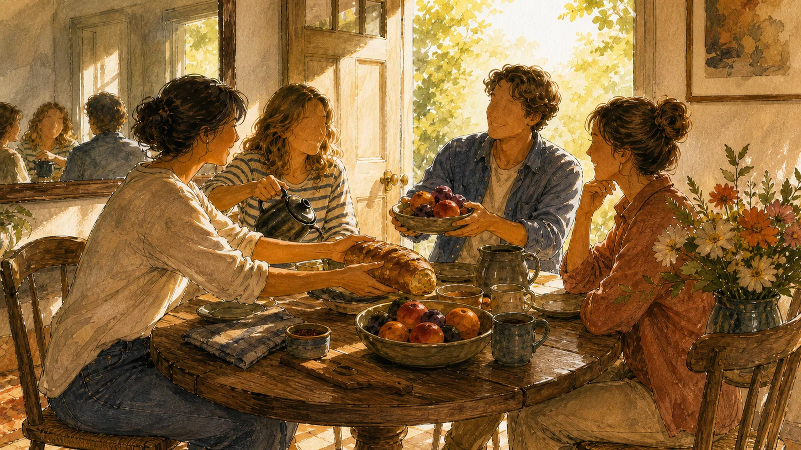 Four anonymous loved ones gather around a sunlit breakfast table as one passes bread, another pours coffee, and another offers fruit, with their reflections visible in the hallway mirror.