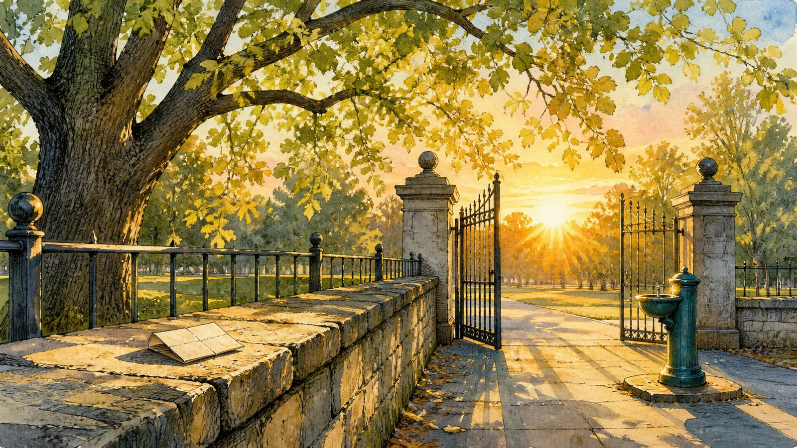 Golden sunrise pours through an open park gate beneath a broad oak, lighting a stone wall, an old fountain, and a folded cream page.