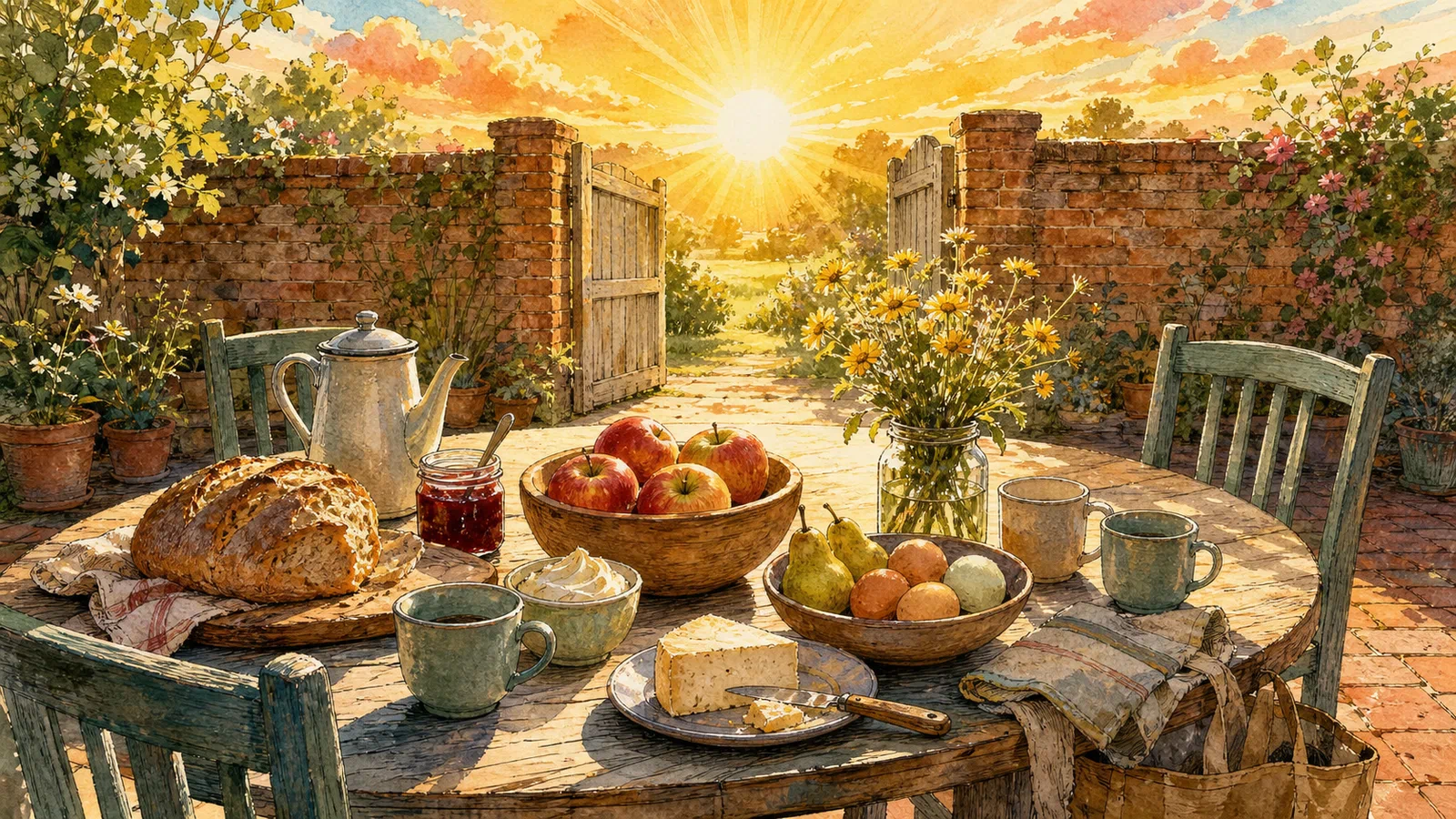 Golden sunrise shines through an open courtyard gate onto a breakfast table set with bread, apples, coffee, cheese, jam, flowers, and empty chairs.