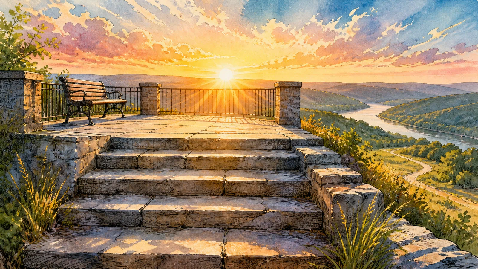 Golden sunrise illuminates empty stone steps rising to a river-valley overlook with an iron railing, a wooden bench, and distant hills.