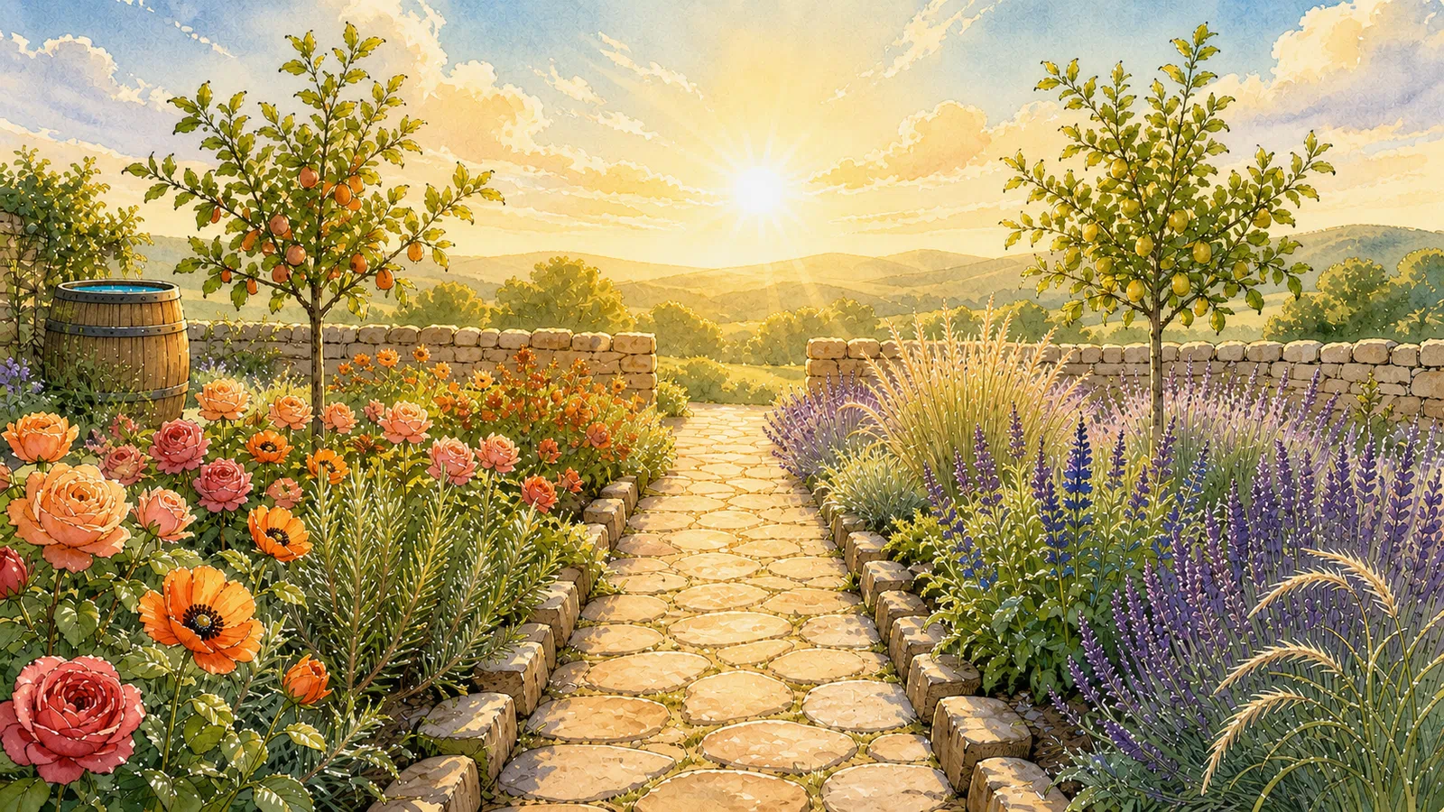 Two distinct flower beds bloom in complementary colors beside a sunlit garden path at sunrise.