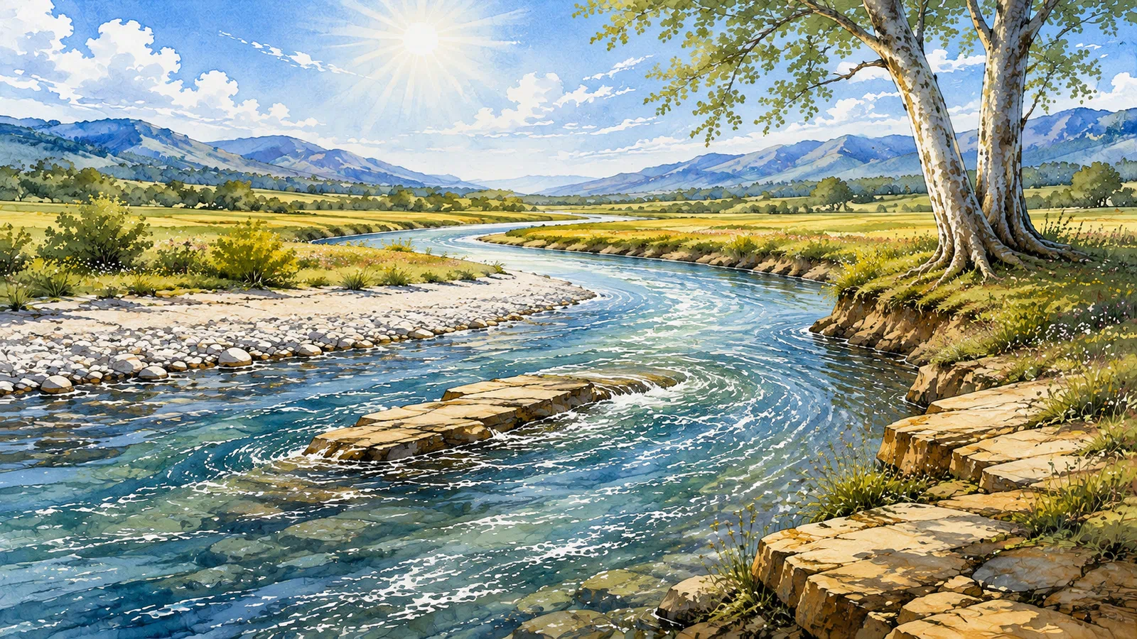 Higher morning sun lights the same river bend as the clear current divides around a low stone shelf and rejoins downstream.