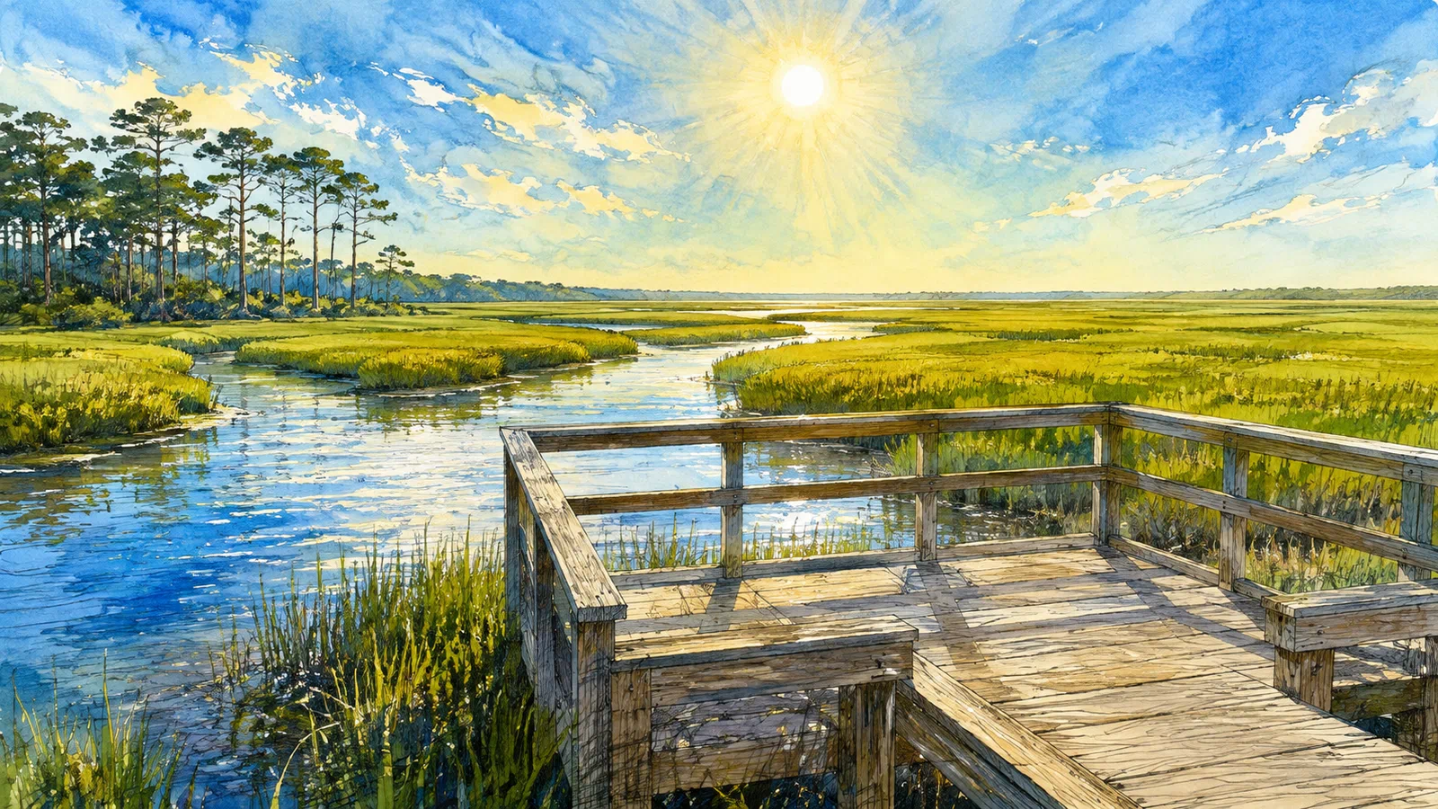 Higher morning sun illuminates the same tidal marsh from a closer viewpoint, with an empty observation deck, bright water, green cordgrass, and shorter shadows.