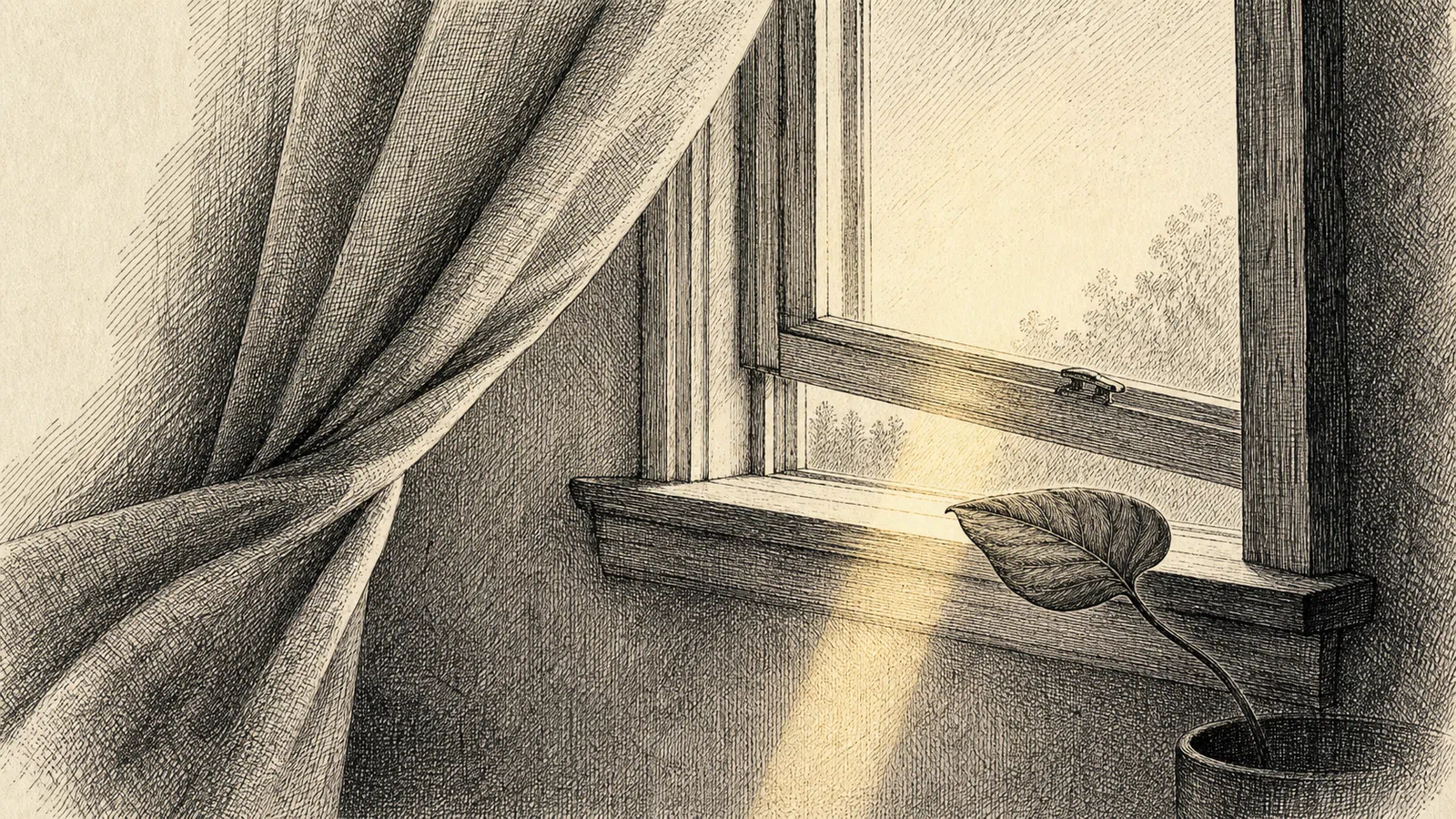 A linen curtain is drawn aside at an open window while a single houseplant leaf leans toward the first light.