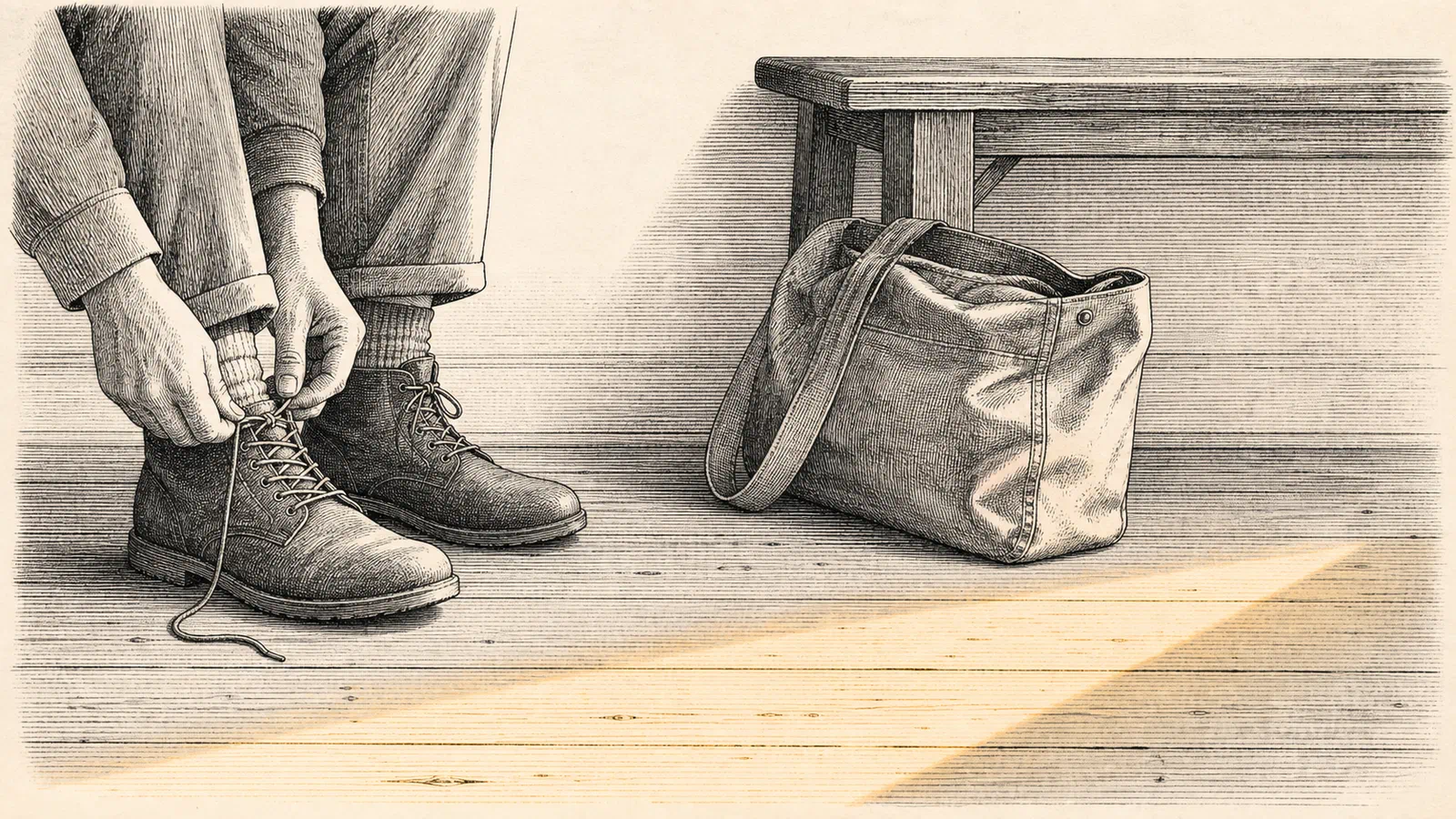 An anonymous adult ties an everyday boot beside a canvas day bag in a quiet hall at first light.