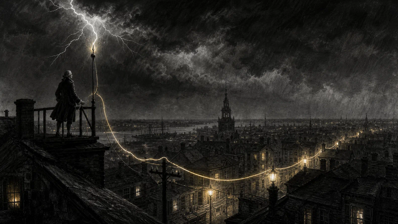 Editorial illustration of a storm-lit city, an early lightning rod, and a controlled electric glow moving into wires and lamps.