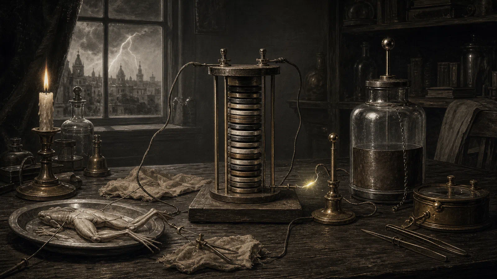 Editorial illustration of an eighteenth-century laboratory table with a voltaic pile, metal instruments, a Leyden jar, and storm light at the window.