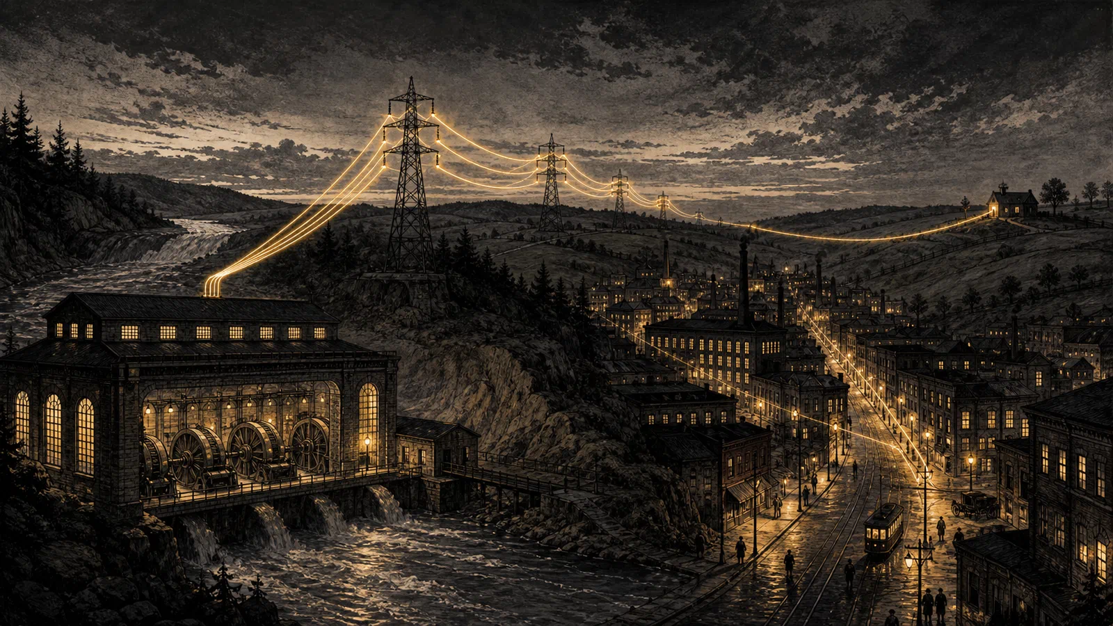 Editorial illustration of turbines, transmission lines, a lit city street, and distant factories connected by a glowing electrical path.