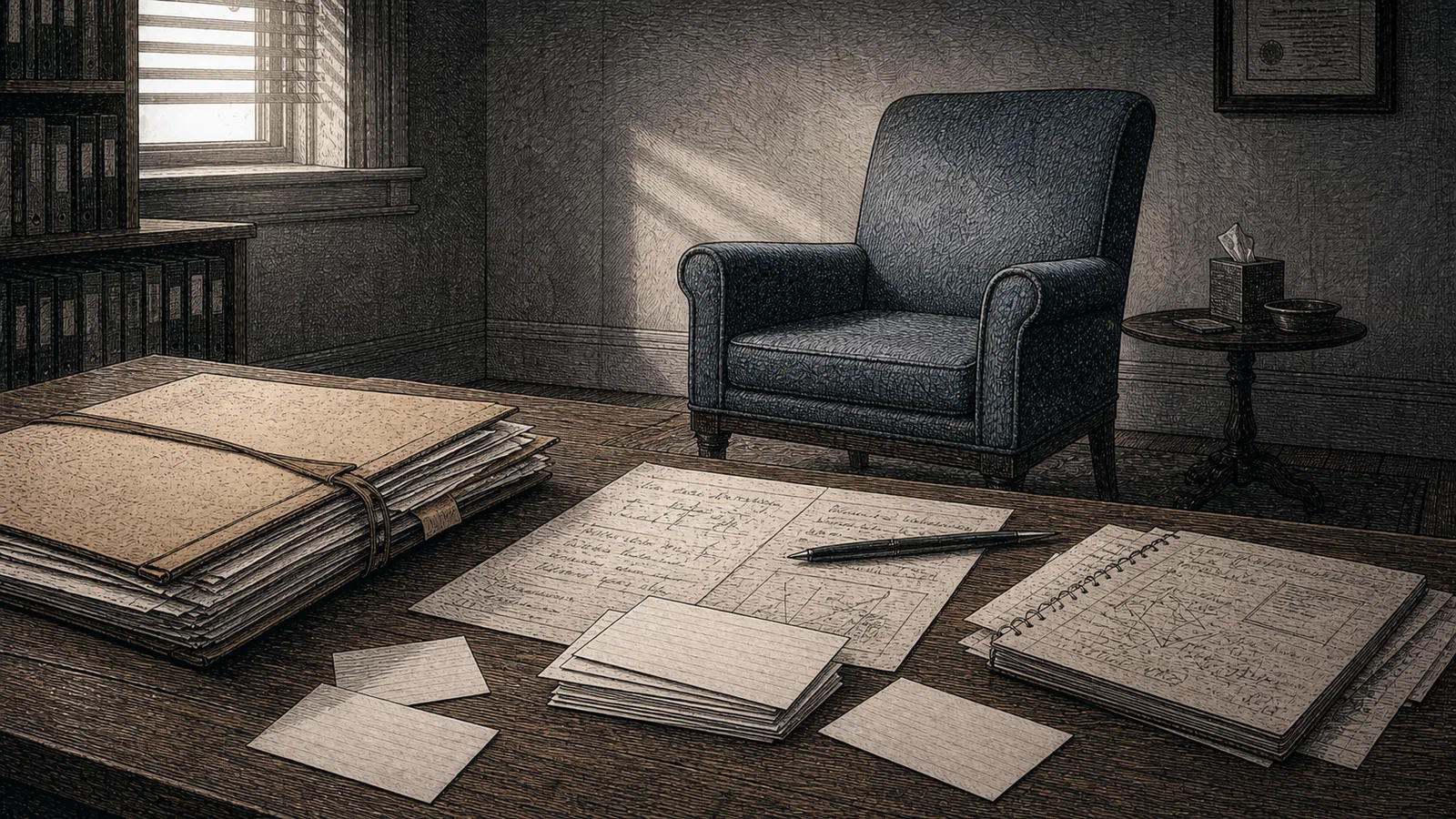 Editorial illustration of a court file, a therapy chair, and scattered clinical notes arranged like a quiet stage for a diagnosis learning to speak.