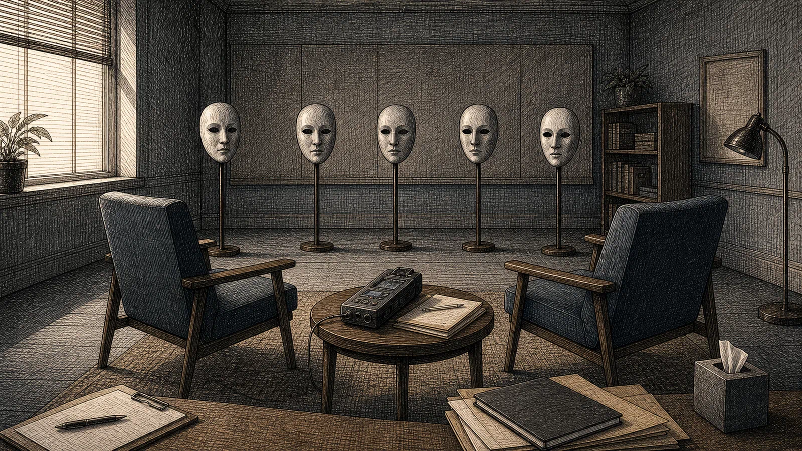 Editorial illustration of a therapy room arranged like a stage, with chairs, files, and blank masks suggesting roles being learned without depicting a real patient.