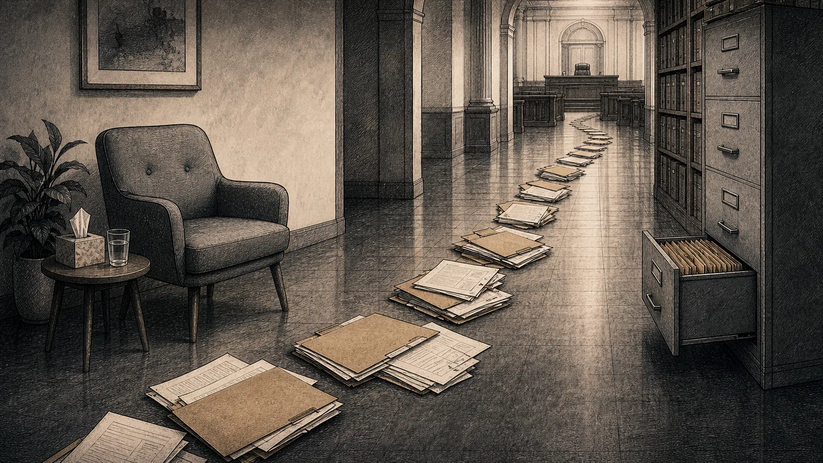 Editorial illustration of a paper trail running from a therapy chair toward a courtroom bench and filing cabinet, with official documents and clinical folders but no readable text.