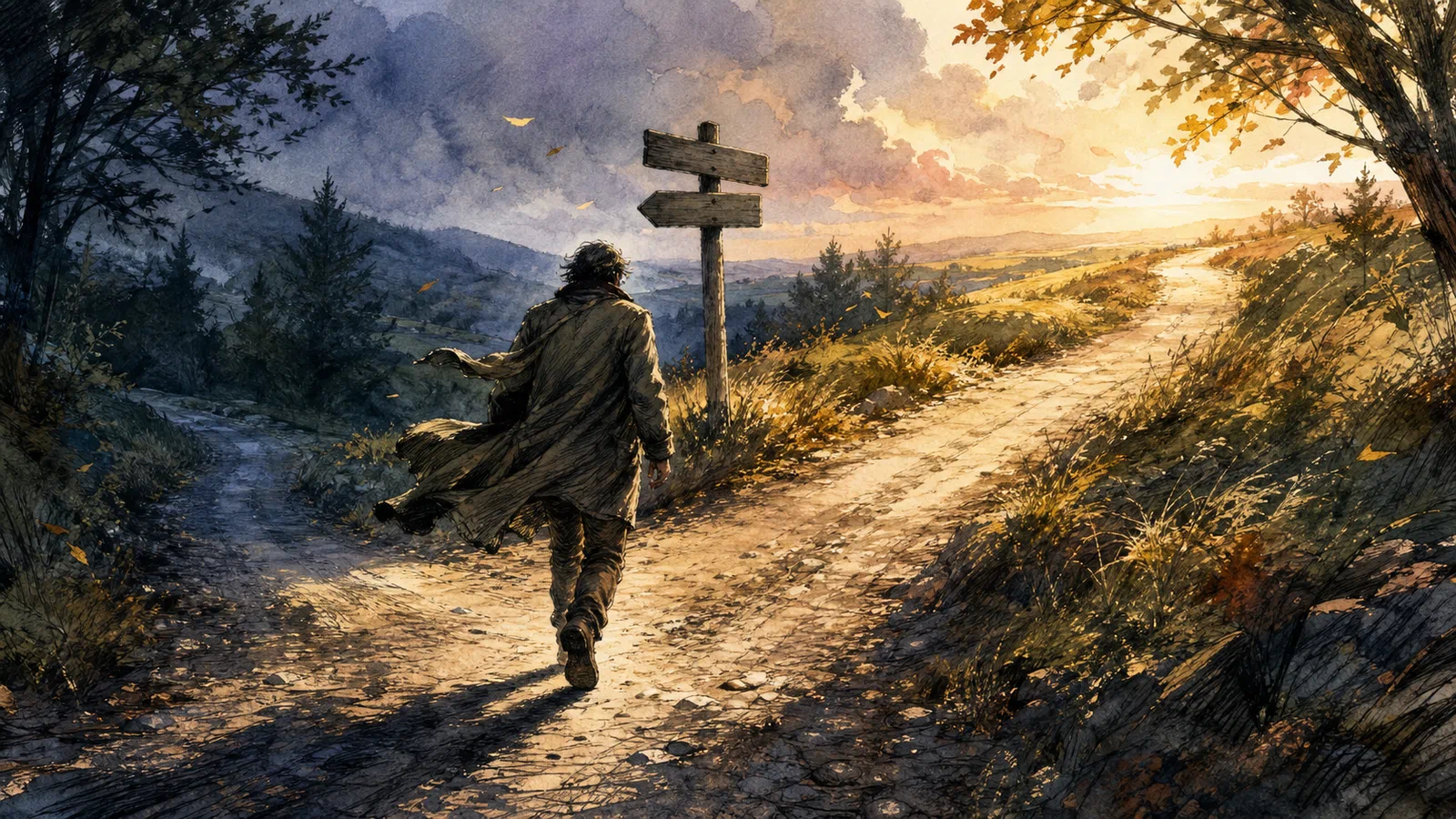 An anonymous walker takes the first step along the brighter branch of a forked country road as wind moves the grass and coat.
