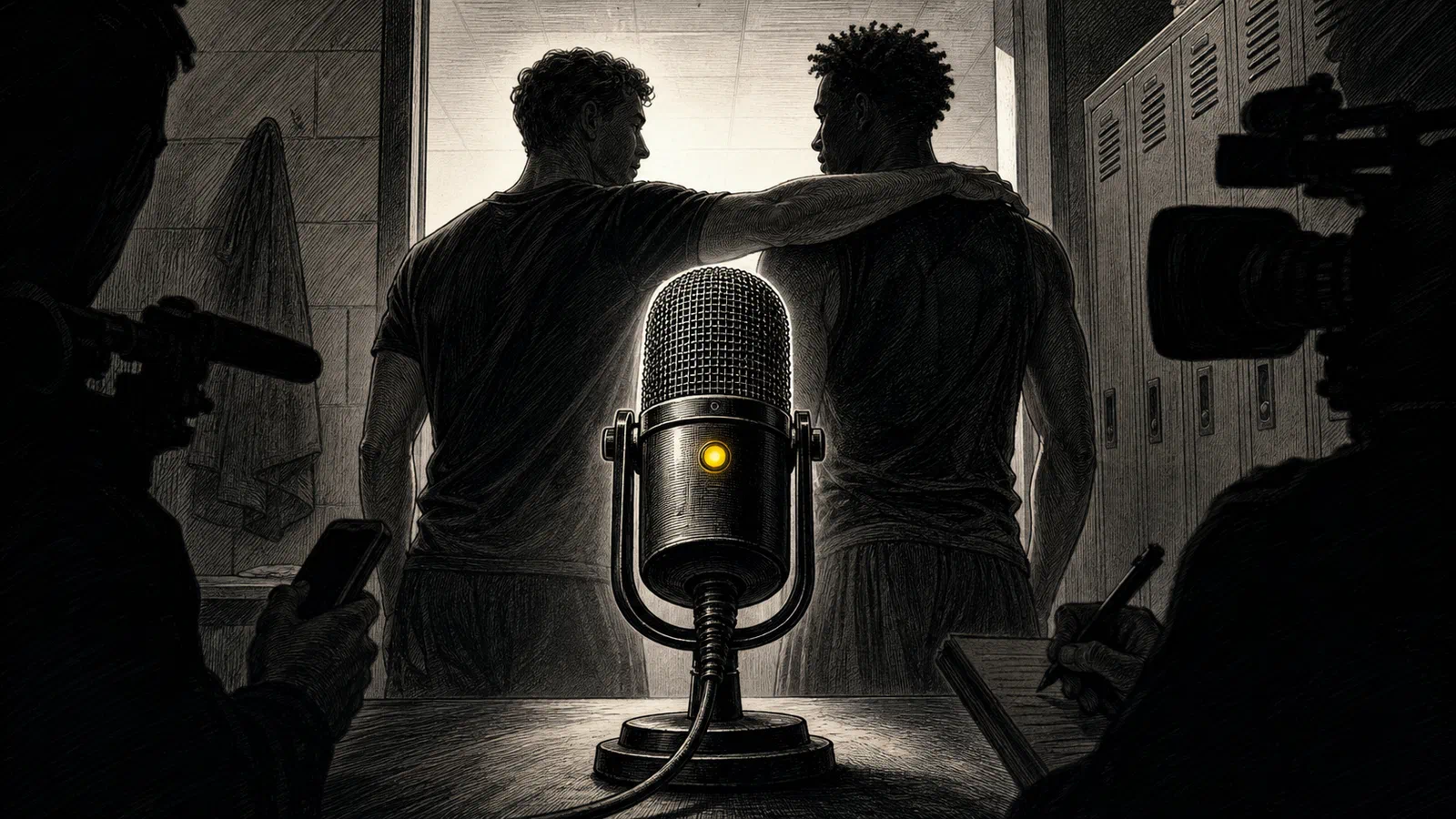 Editorial illustration of a sports microphone, male friendship, and public disclaimer ritual.
