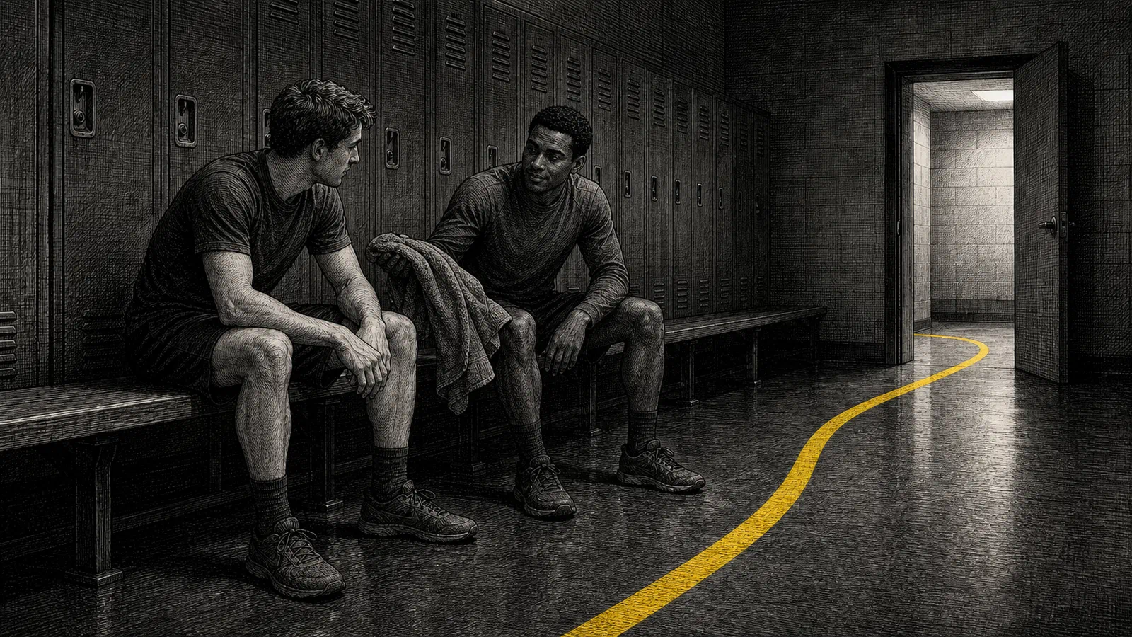 Editorial illustration of locker-room language, boundary policing, and male friendship.
