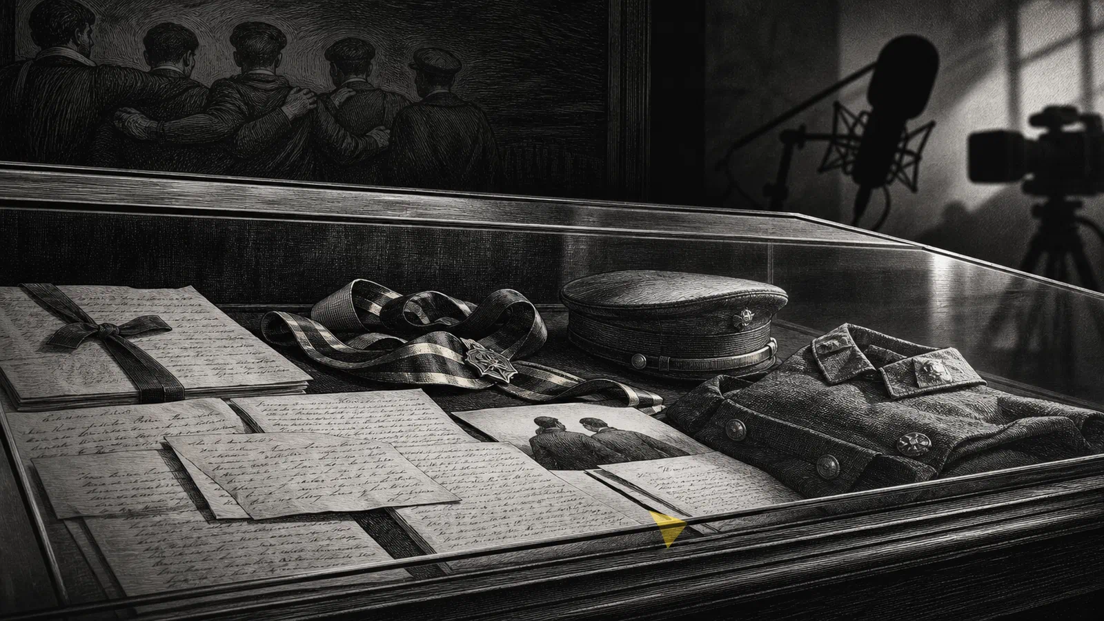 Editorial illustration of historical male rituals, letters, fraternity, and modern suspicion.