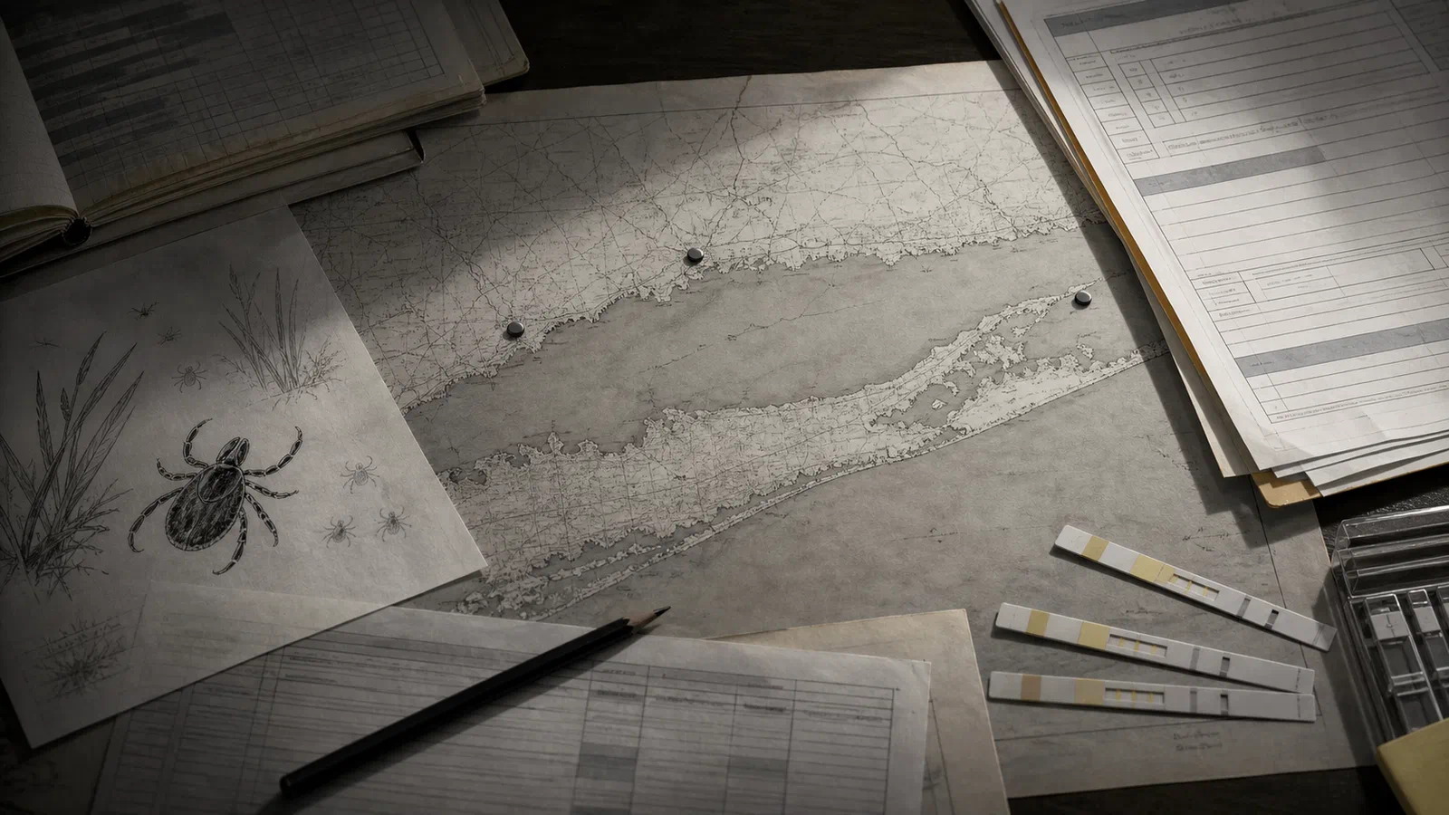 Editorial illustration of a paper map of Long Island Sound, Lyme, Connecticut, and Plum Island pinned under clinical forms, tick drawings, and stamped public-health records.