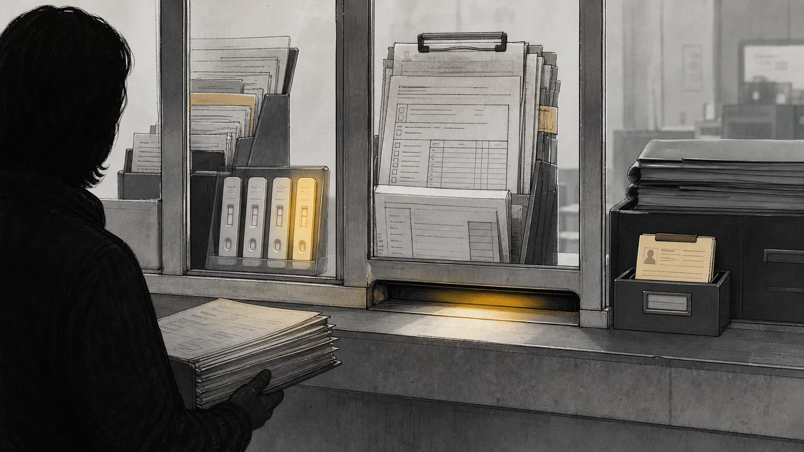 Editorial illustration of a patient silhouette holding a thick chart before a clinic-administration counter where test strips, forms, and a narrow slot act like a gate.