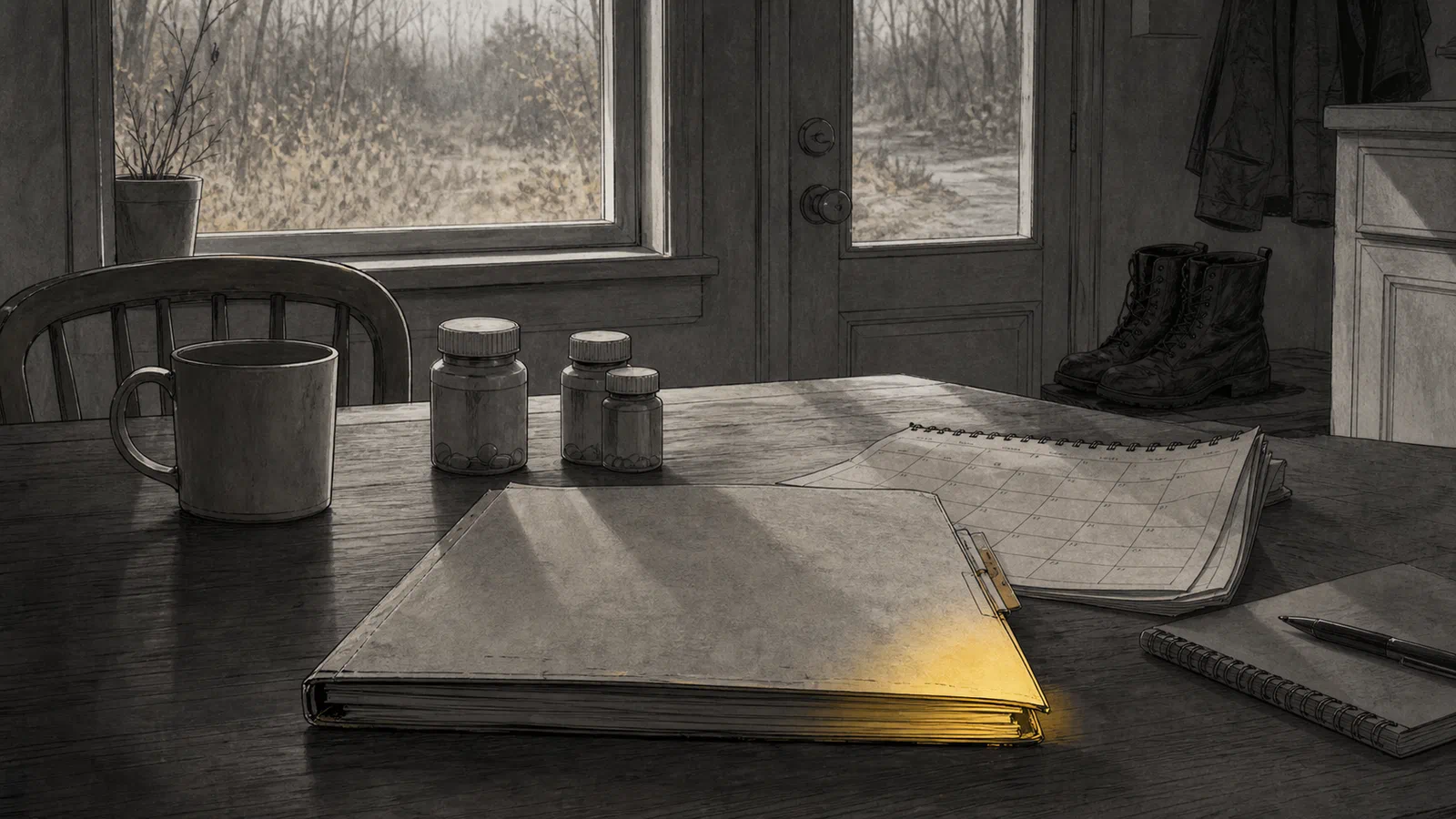 Editorial illustration of a closed medical chart on a kitchen table beside unlabeled pill bottles, calendar pages, outdoor boots, and woods beyond the window.
