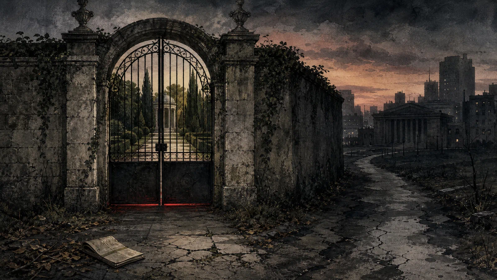 Editorial illustration of a closed garden gate, a narrow path, and a modern civic city beyond the wall.