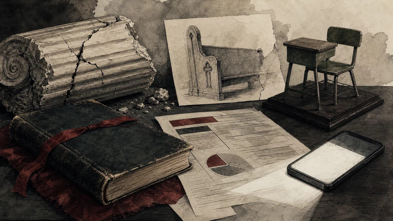 Editorial illustration of civic institutions, family ledgers, and public screens arranged as fractured inheritance.