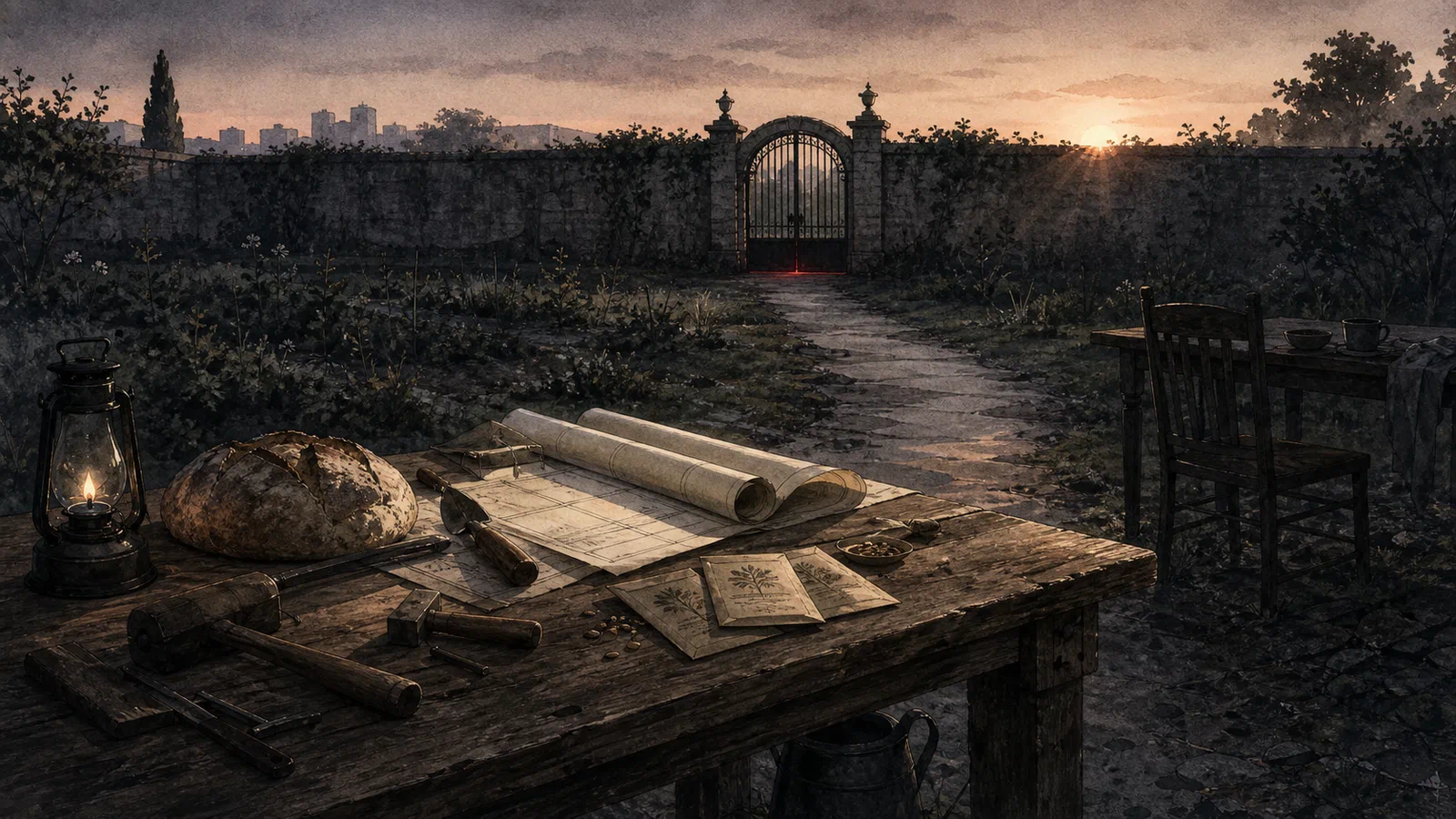 Editorial illustration of a workbench, bread, tools, and a small family table outside a closed garden wall.