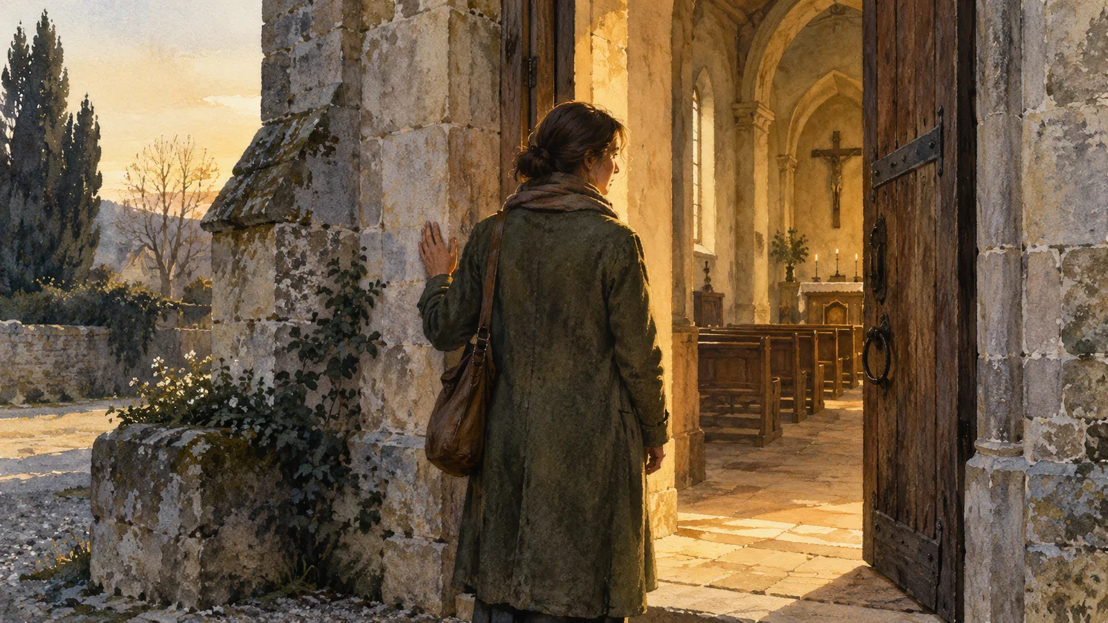 A person stands at the open doorway of a stone church, with warm light falling across the threshold.