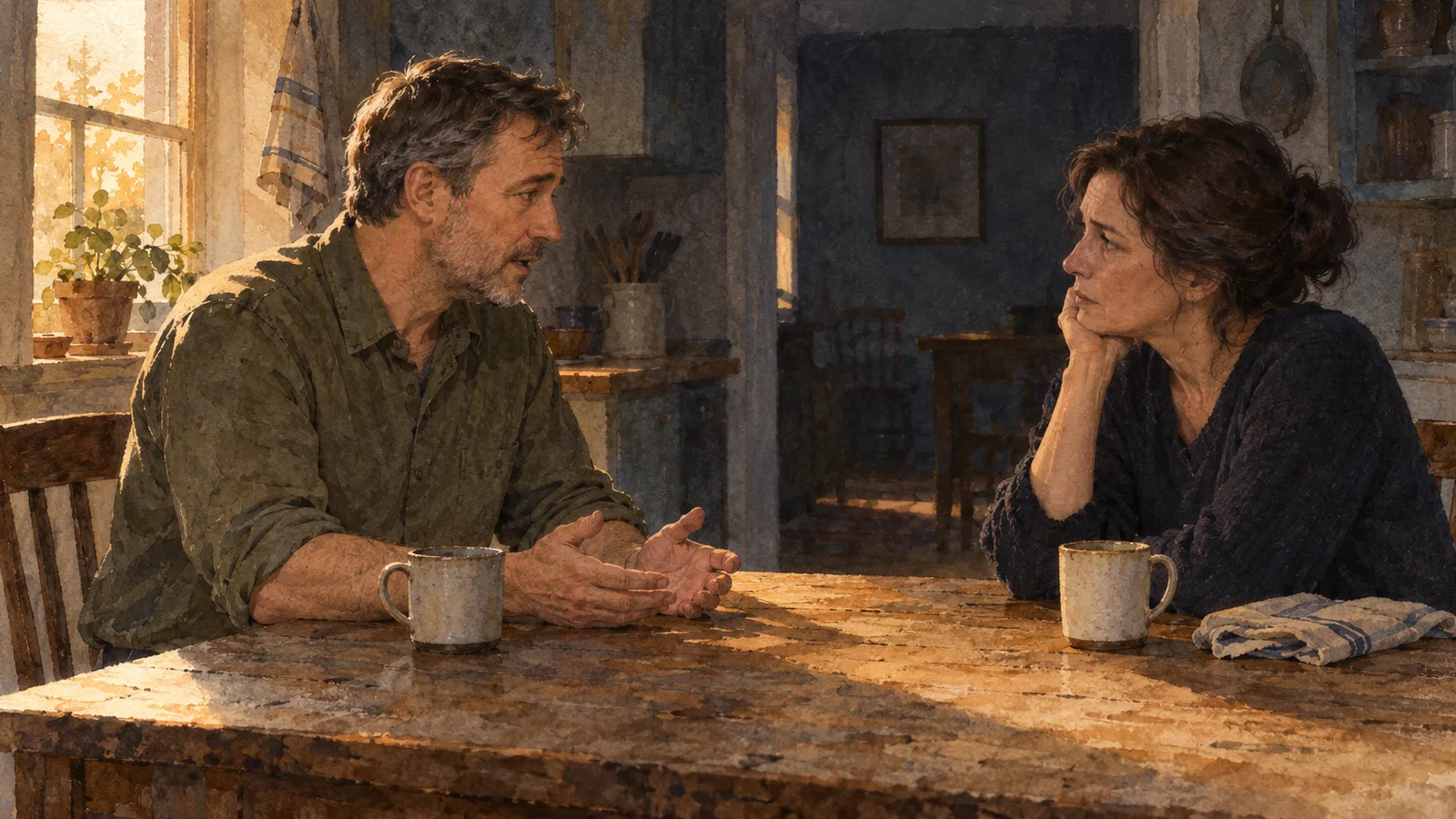 Two people sit across a kitchen table, one speaking quietly while the other listens.