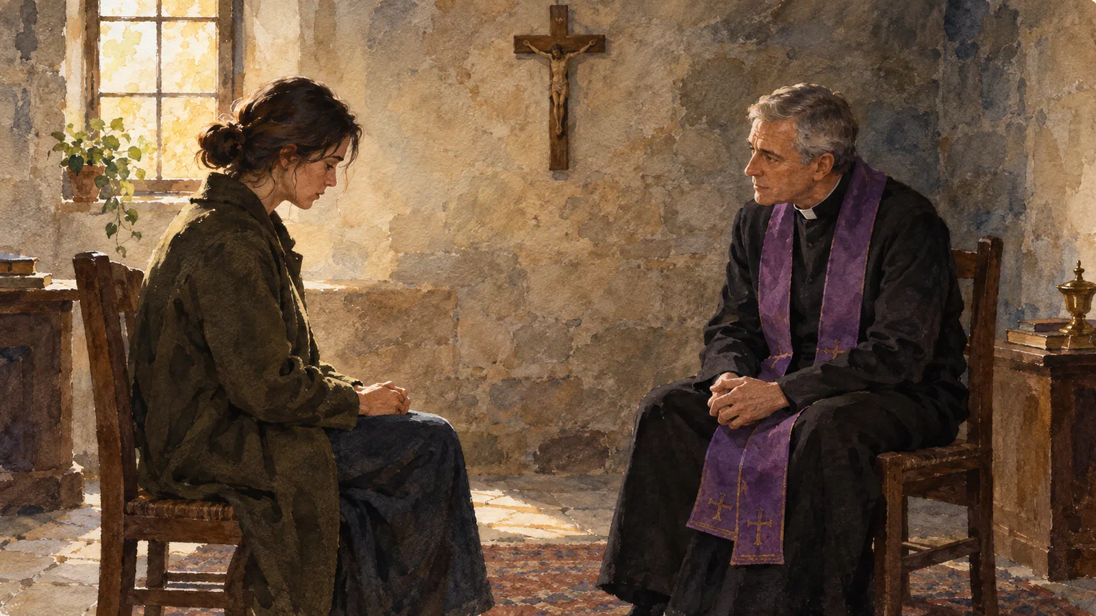 A penitent speaks with a priest wearing a violet stole in a quiet church room.