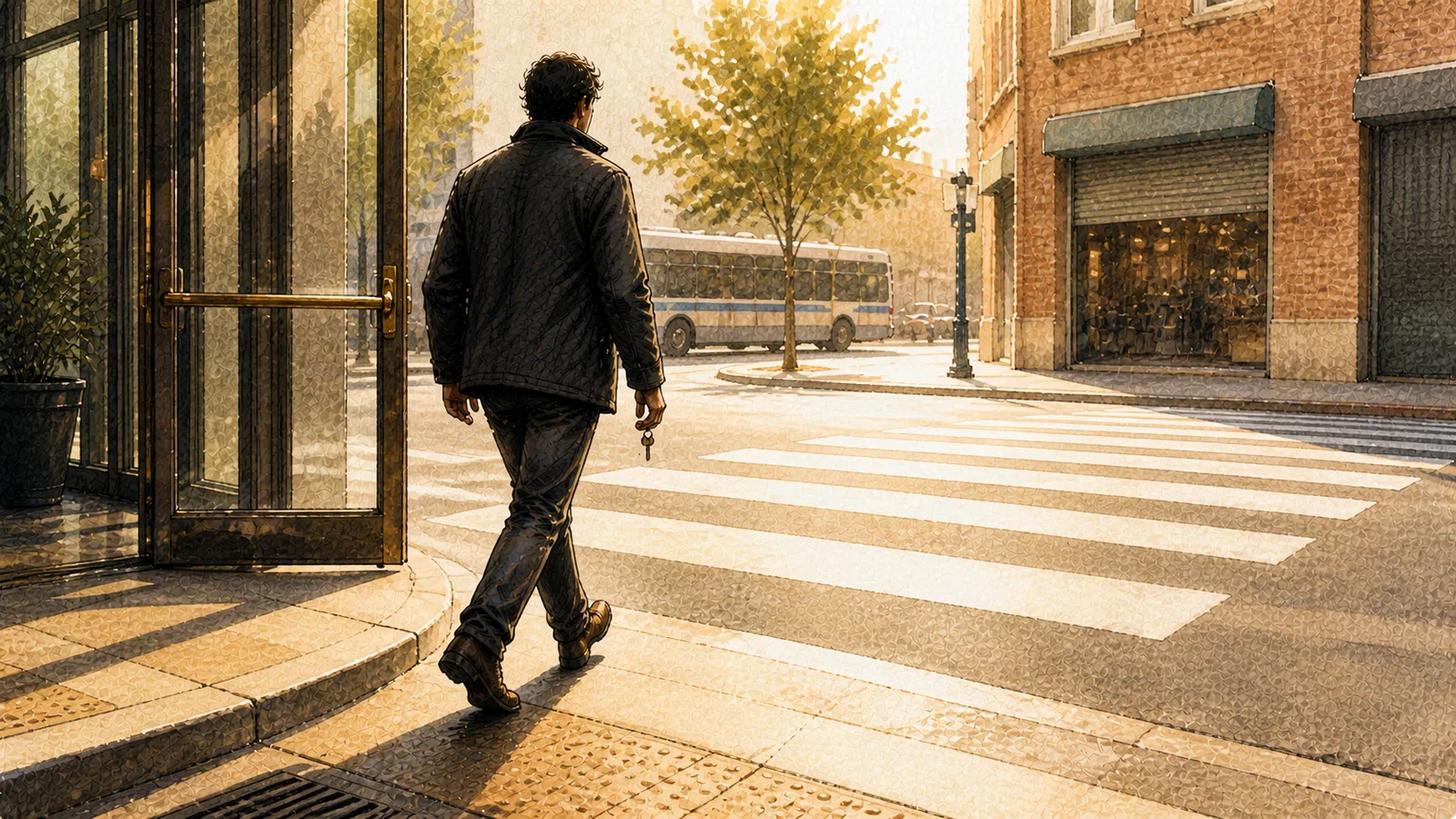 An anonymous man in a dark jacket steps from a sunlit curb toward a city crosswalk, with open glass lobby doors behind him and a small key ring hanging loosely from his right hand.