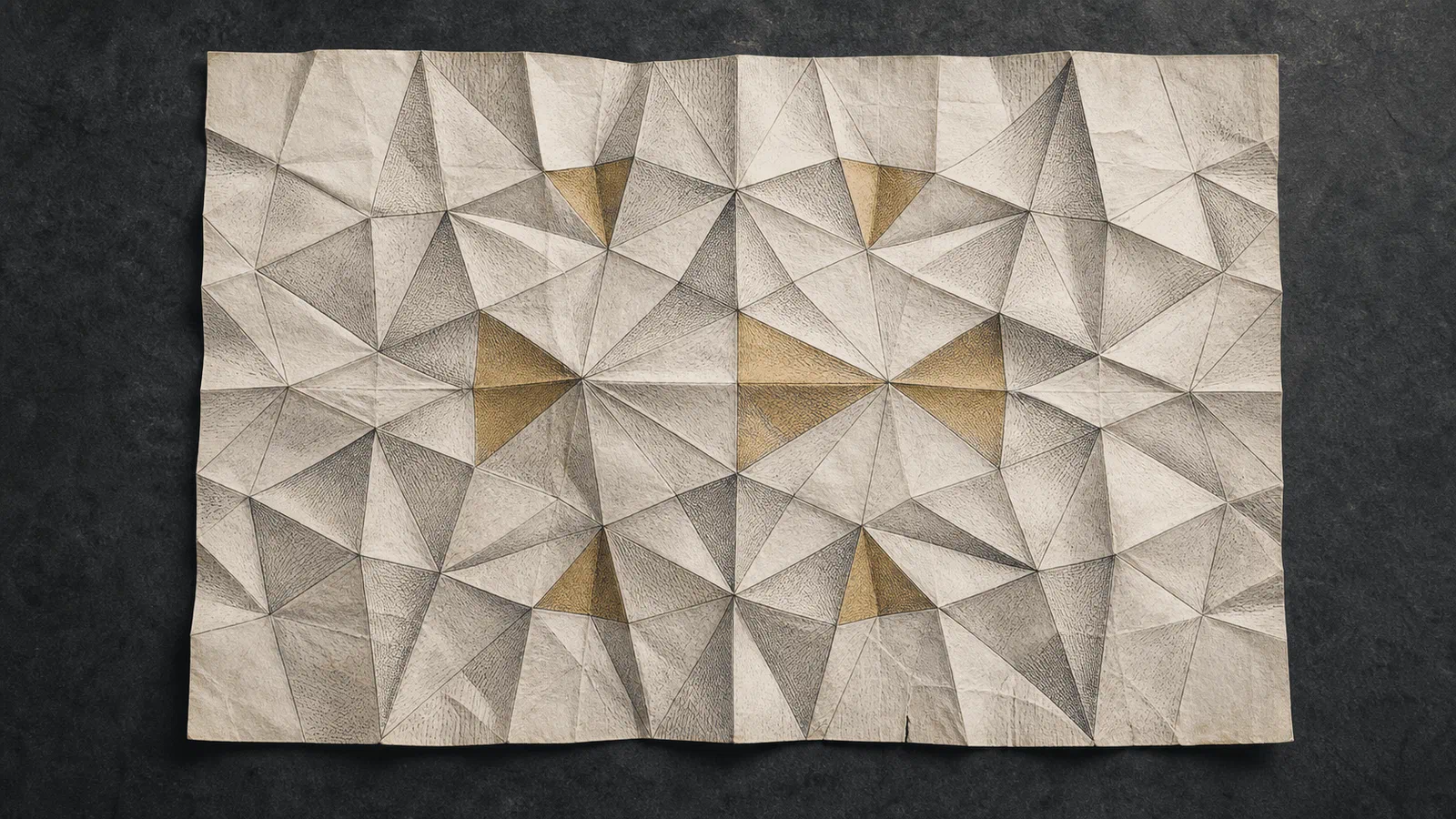 An overhead view of one unfolded sheet marked by intersecting creases and muted-gold facets against a dark floor.