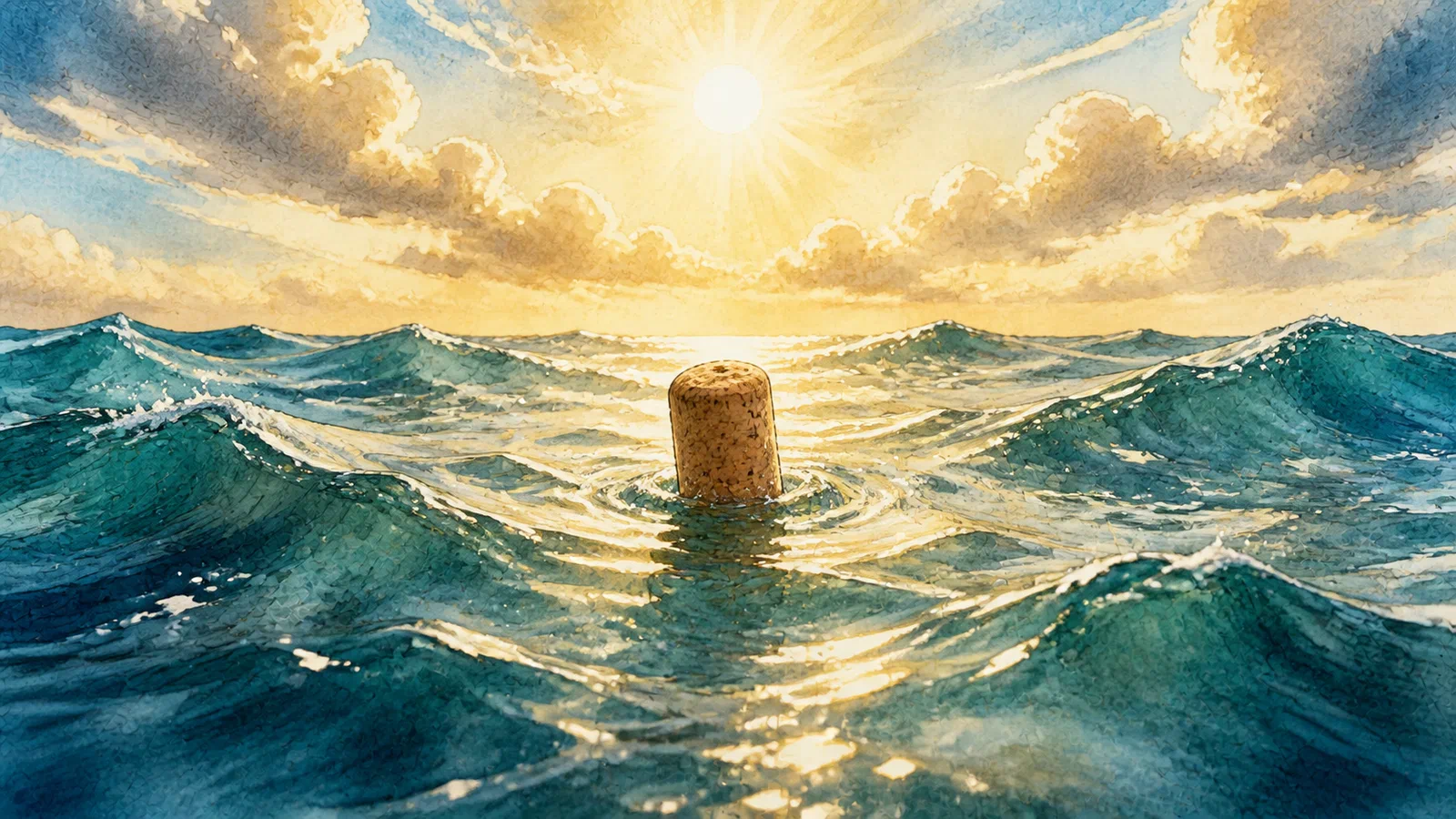 An unmarked cork bobs on blue ocean waves beneath warm golden sunlight.