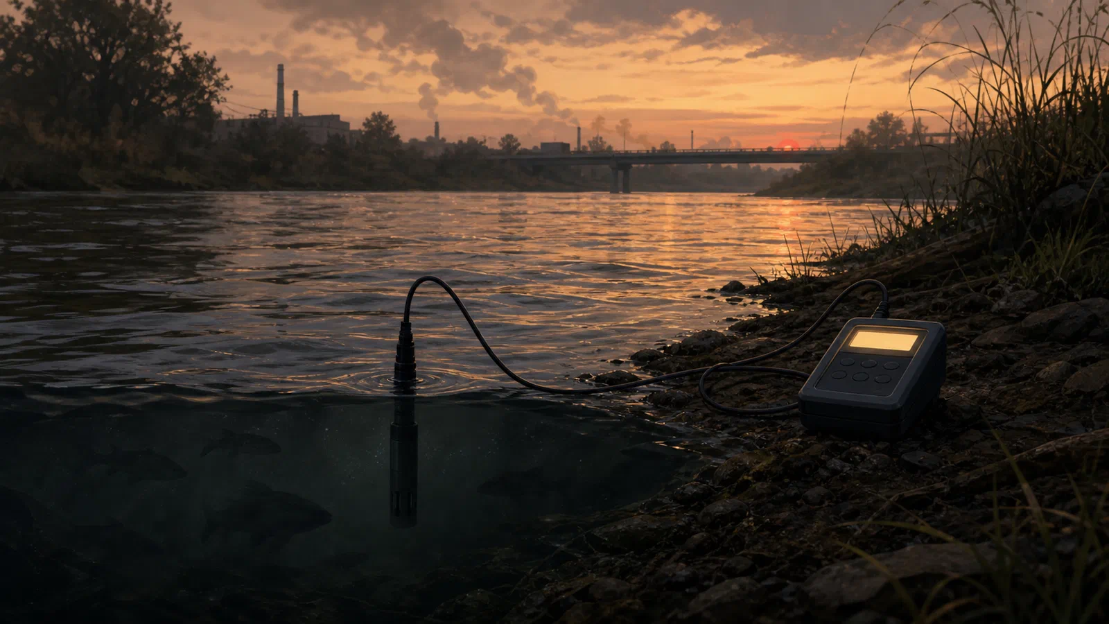 Editorial illustration of a river oxygen meter glowing near a warm dark river as fish shadows drift below the surface.