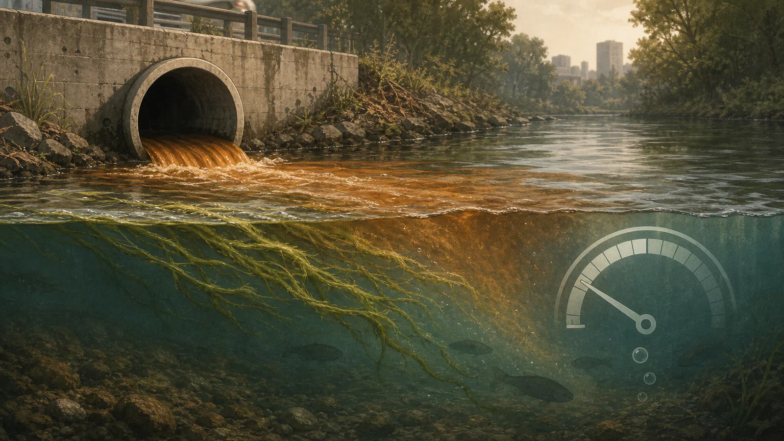 Editorial illustration of warm runoff entering a river through a culvert while algae, fish shadows, and a dissolved oxygen gauge show the pressure building.