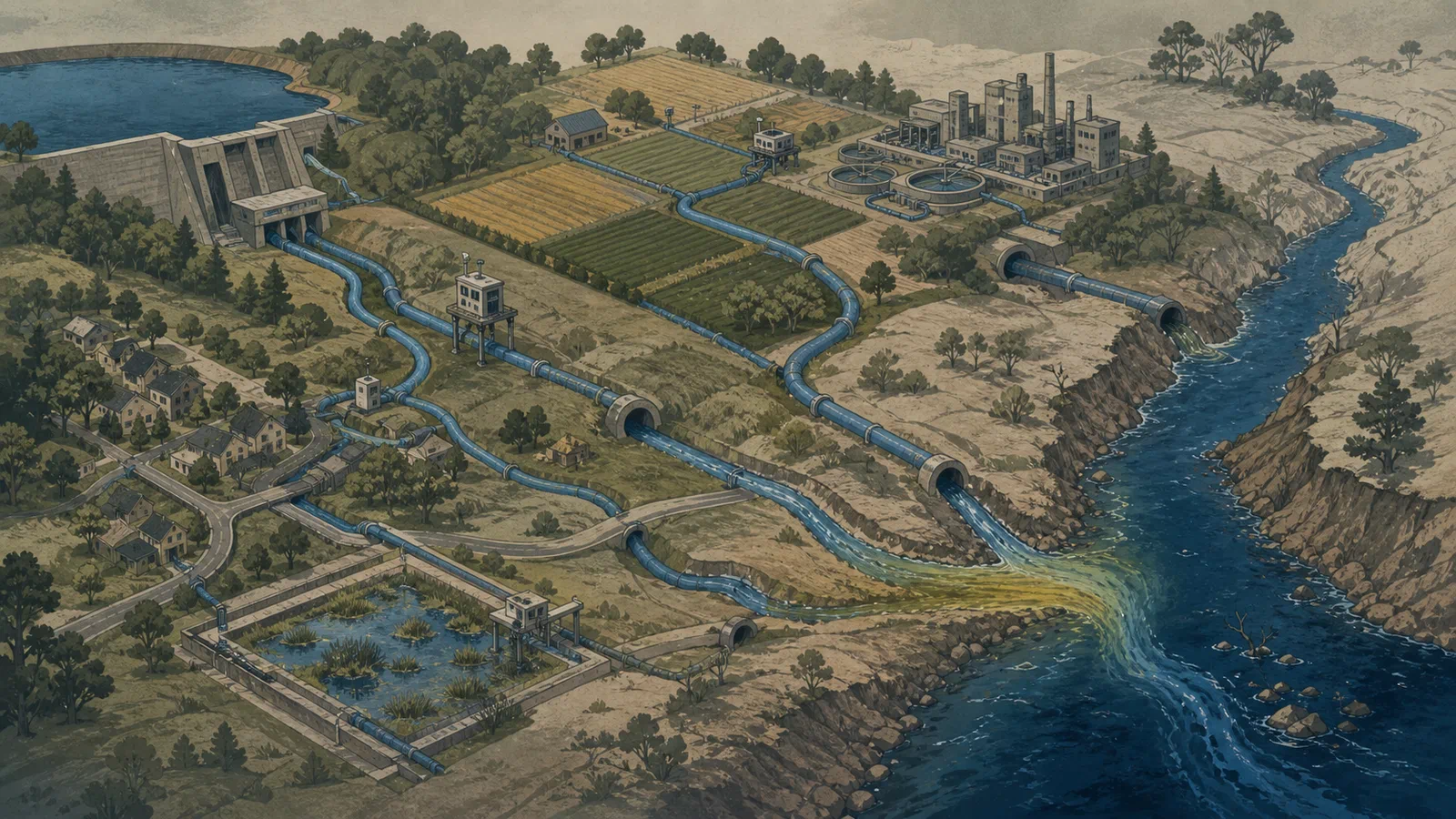 Editorial illustration of a river basin map made of pipes, farms, reservoirs, shade trees, and monitoring stations converging on one narrow blue channel.