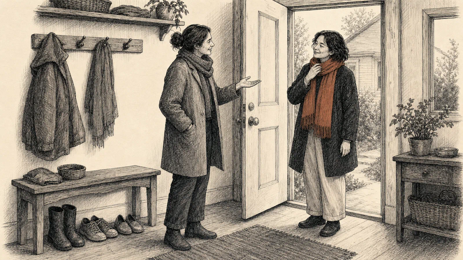 At a front doorway, one friend warmly notices another person’s amber scarf while the wearer smiles and leaves both hands relaxed.