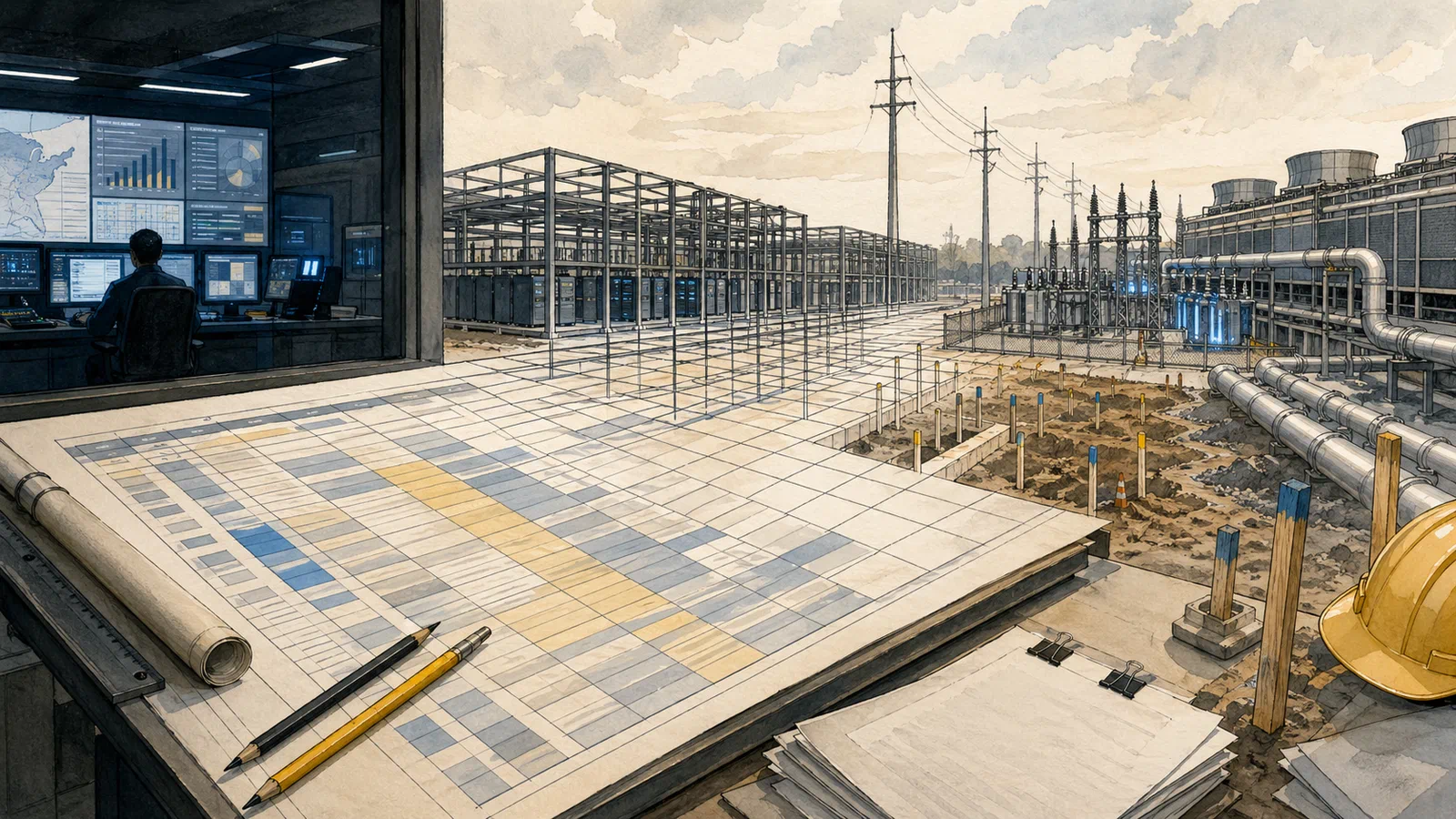 A forecast spreadsheet on a drafting table extends into a data center construction site, power lines, and electrical infrastructure.