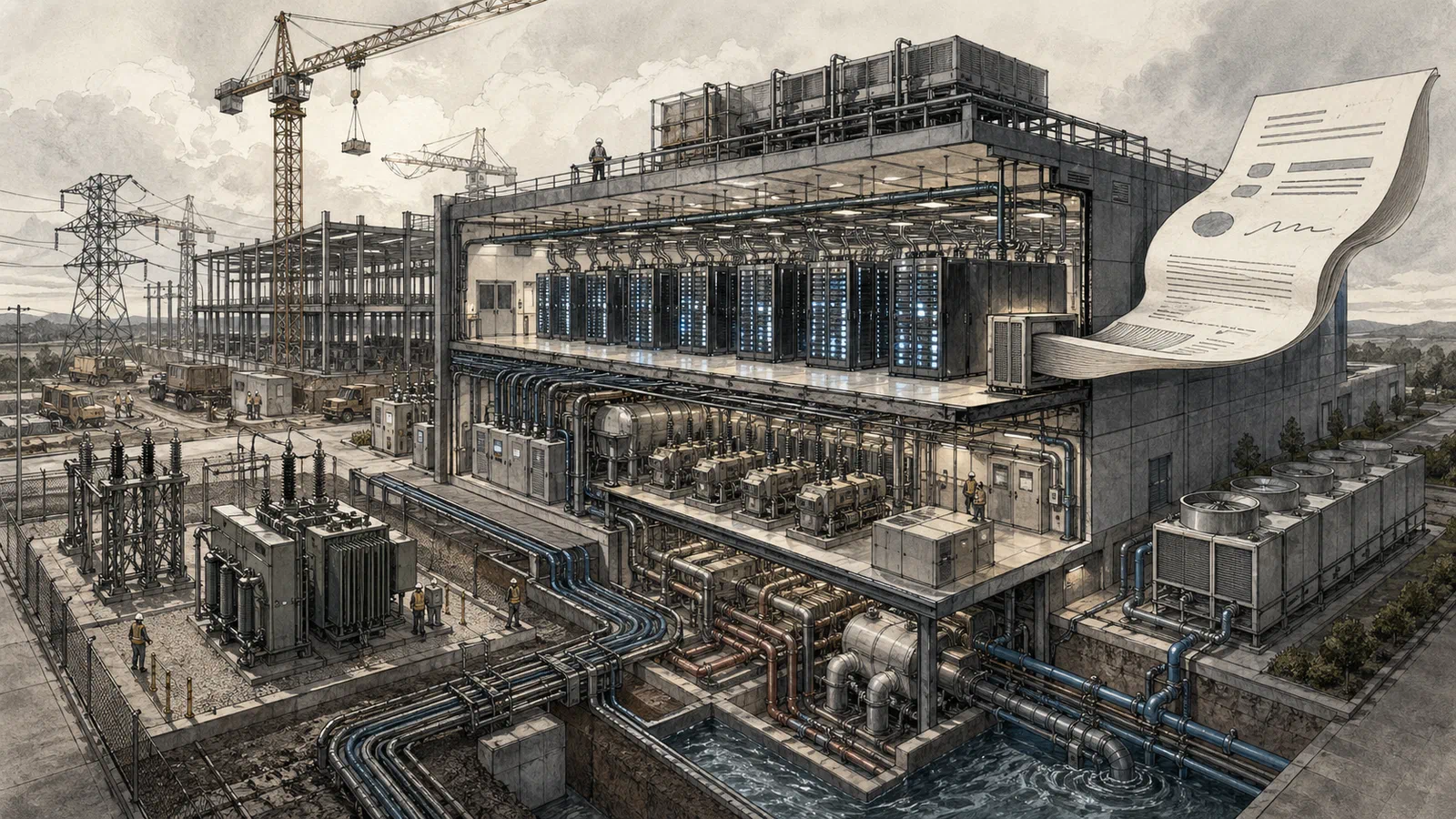 A cutaway data center campus connects server racks, cooling pipes, substations, construction cranes, and contract paperwork.
