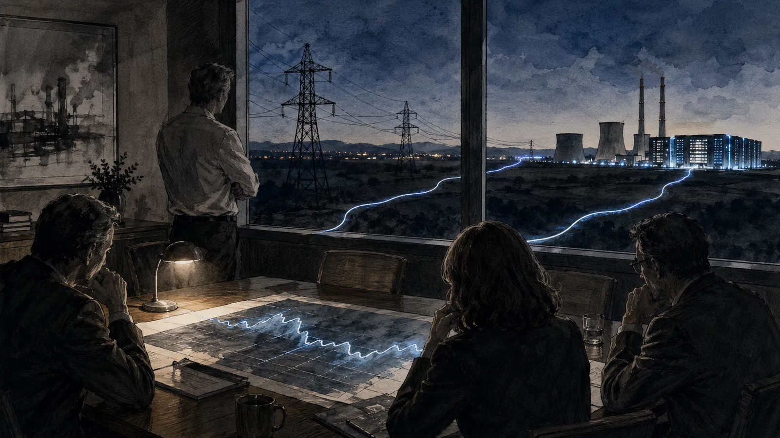 Investors sit around a dark table while a distant data center and power plant glow across the grid.