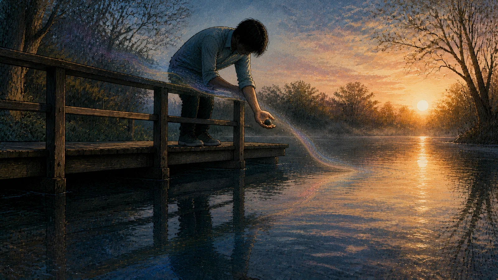 An anonymous person leans over a wooden footbridge, holding a pebble above dawn-lit water as a subtle blue, gold, and rose current curls toward the reflection.