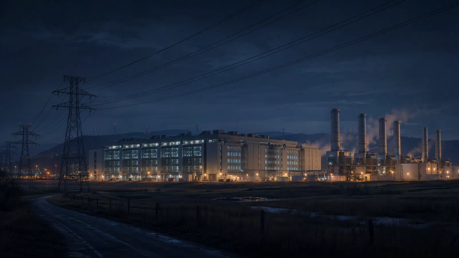 A glowing AI data center campus at night beside gas turbines and transmission towers.
