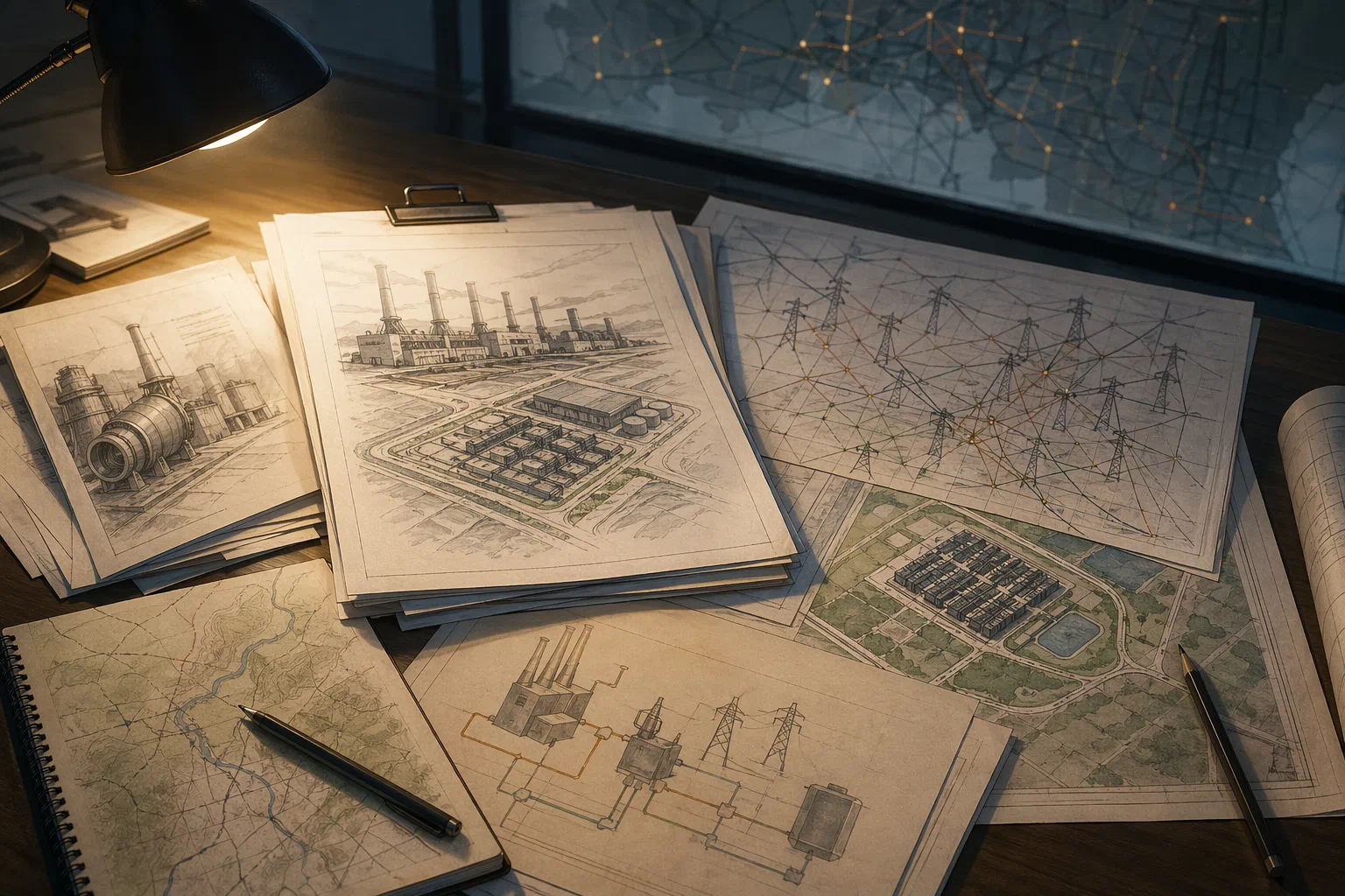 Permit papers, grid maps, and site plans spread across a desk under directional light.