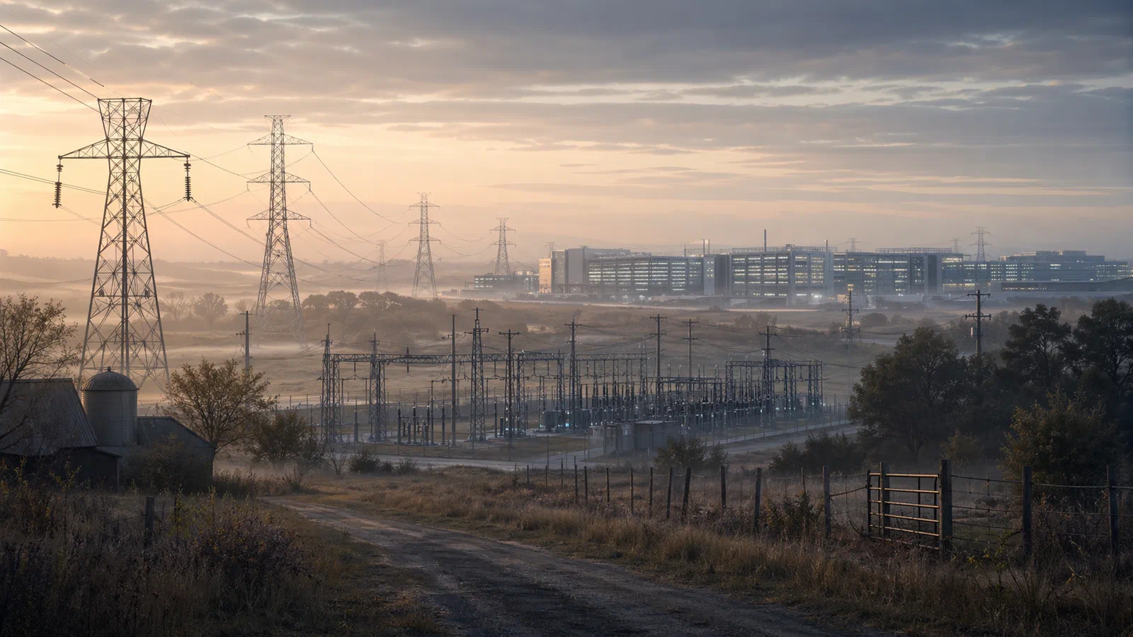 A substation and transmission lines leading toward a distant data center campus at dawn.