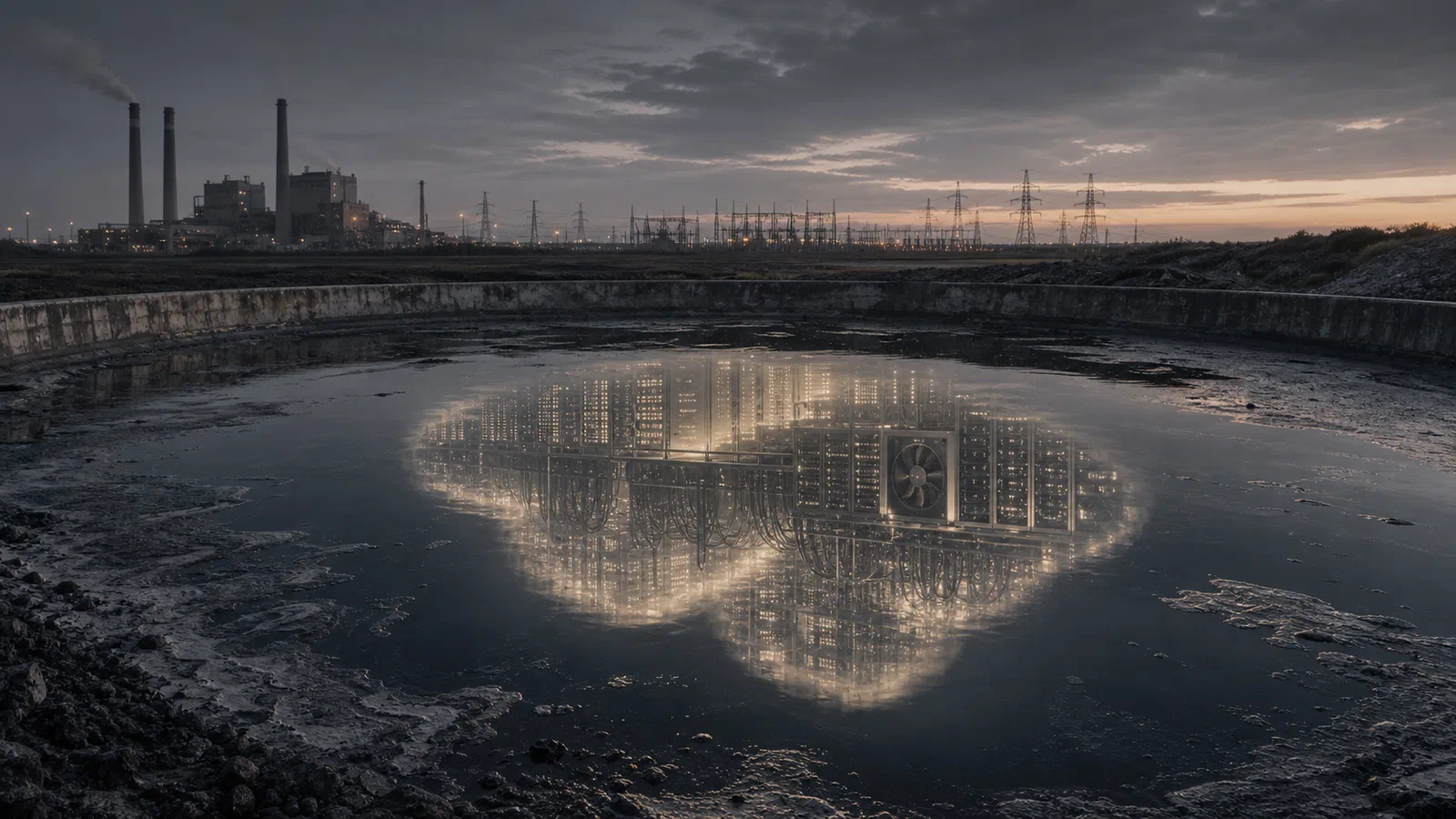 Editorial illustration of a coal ash pond reflecting a luminous data center cloud above it.