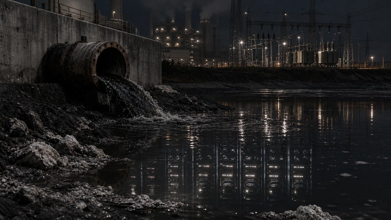 Editorial illustration of a wastewater pipe at a coal plant with server lights reflected in dark water.