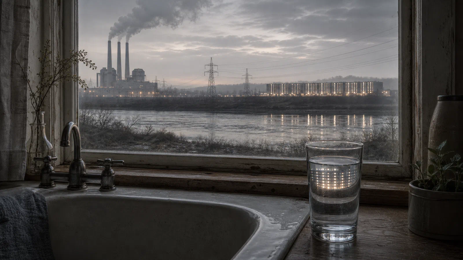 Editorial illustration of a kitchen sink and riverbank downstream from a distant power plant and glowing data center.