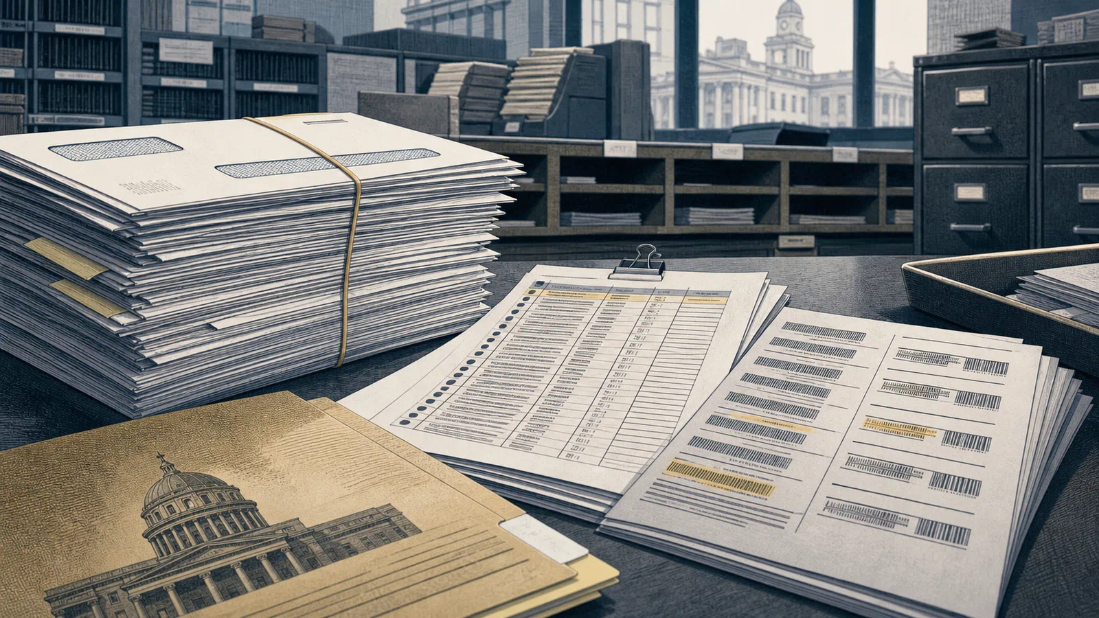 An editorial illustration of a county election mailroom with ballot envelopes, a federal citizenship list, postal barcodes, and a courthouse file under cool overhead light.